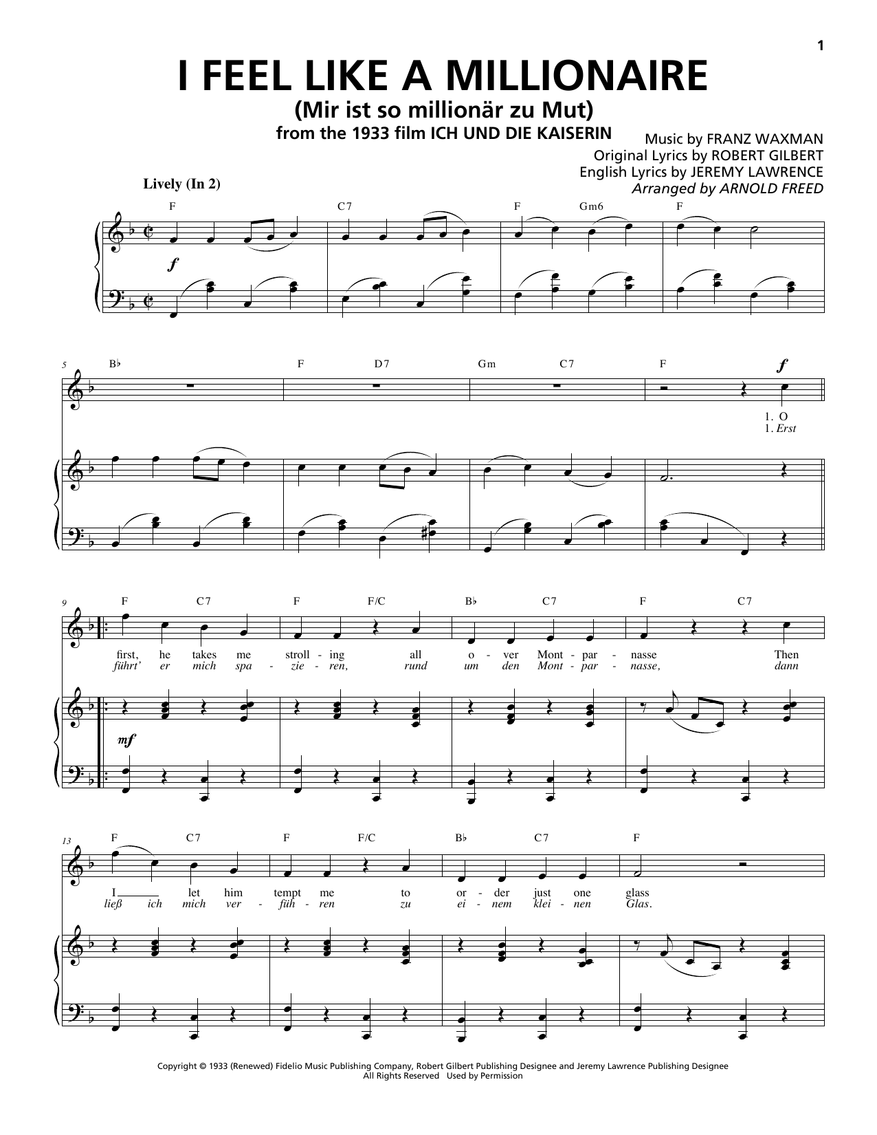 Franz Waxman I Feel Like A Millionaire (Mir ist so millionär zu Mut) Sheet Music Notes & Chords for Piano & Vocal - Download or Print PDF