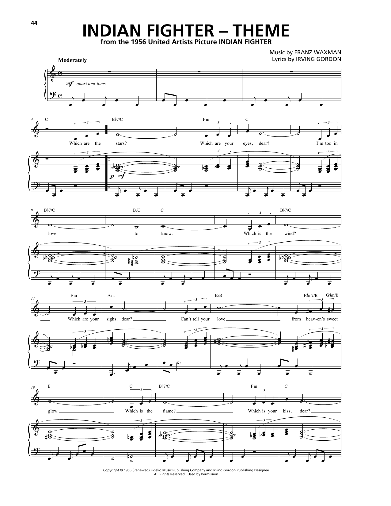 Franz Waxman Indian Fighter - Theme Sheet Music Notes & Chords for Piano, Vocal & Guitar (Right-Hand Melody) - Download or Print PDF