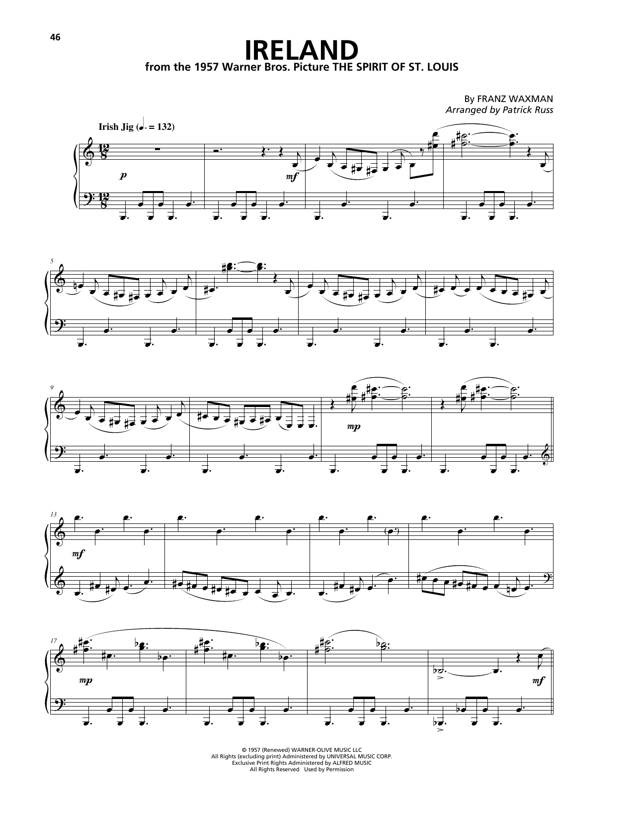 Franz Waxman Ireland (from The Spirit Of St. Louis) Sheet Music Notes & Chords for Piano Solo - Download or Print PDF