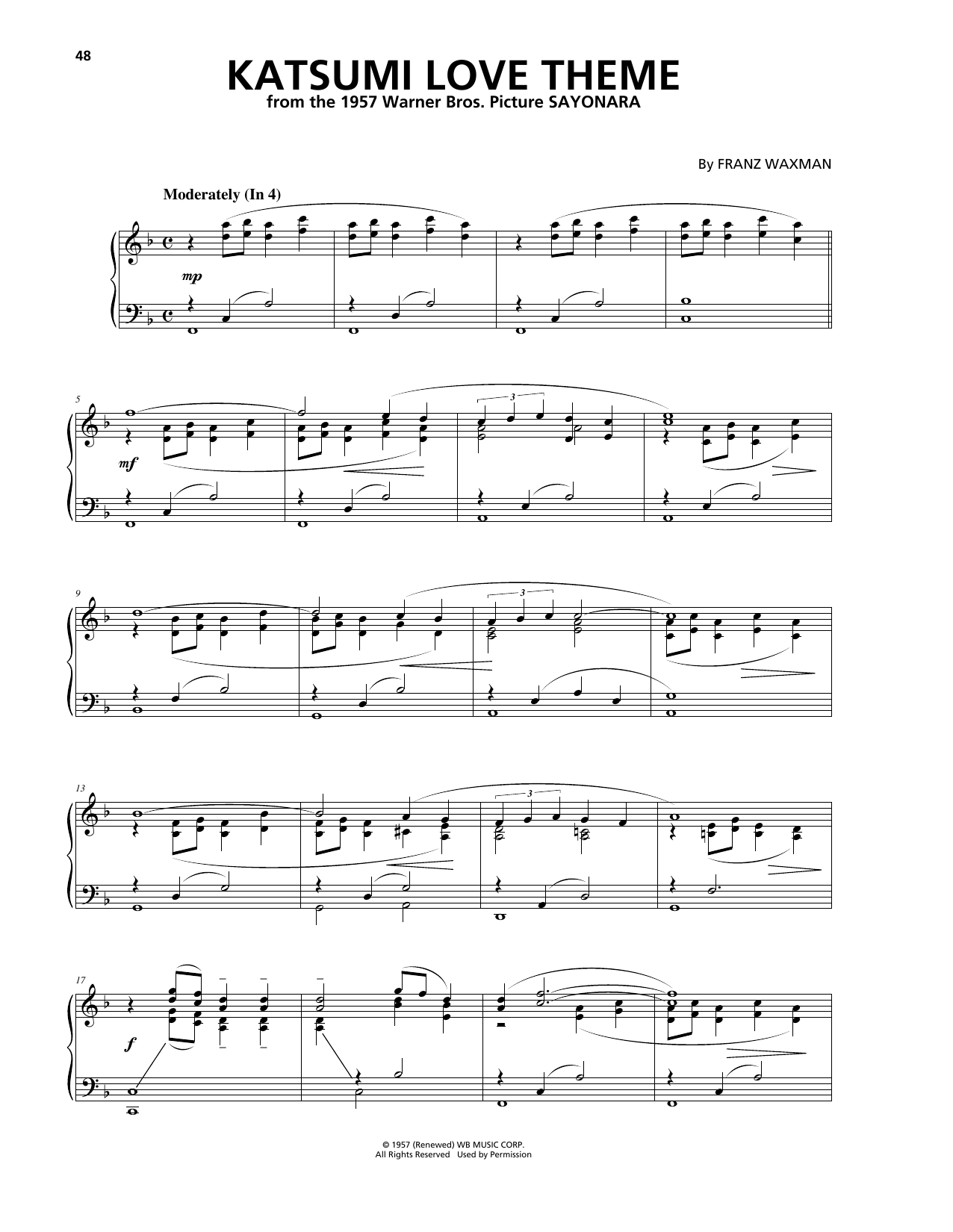 Franz Waxman Katsumi Love Theme Sheet Music Notes & Chords for Piano - Download or Print PDF