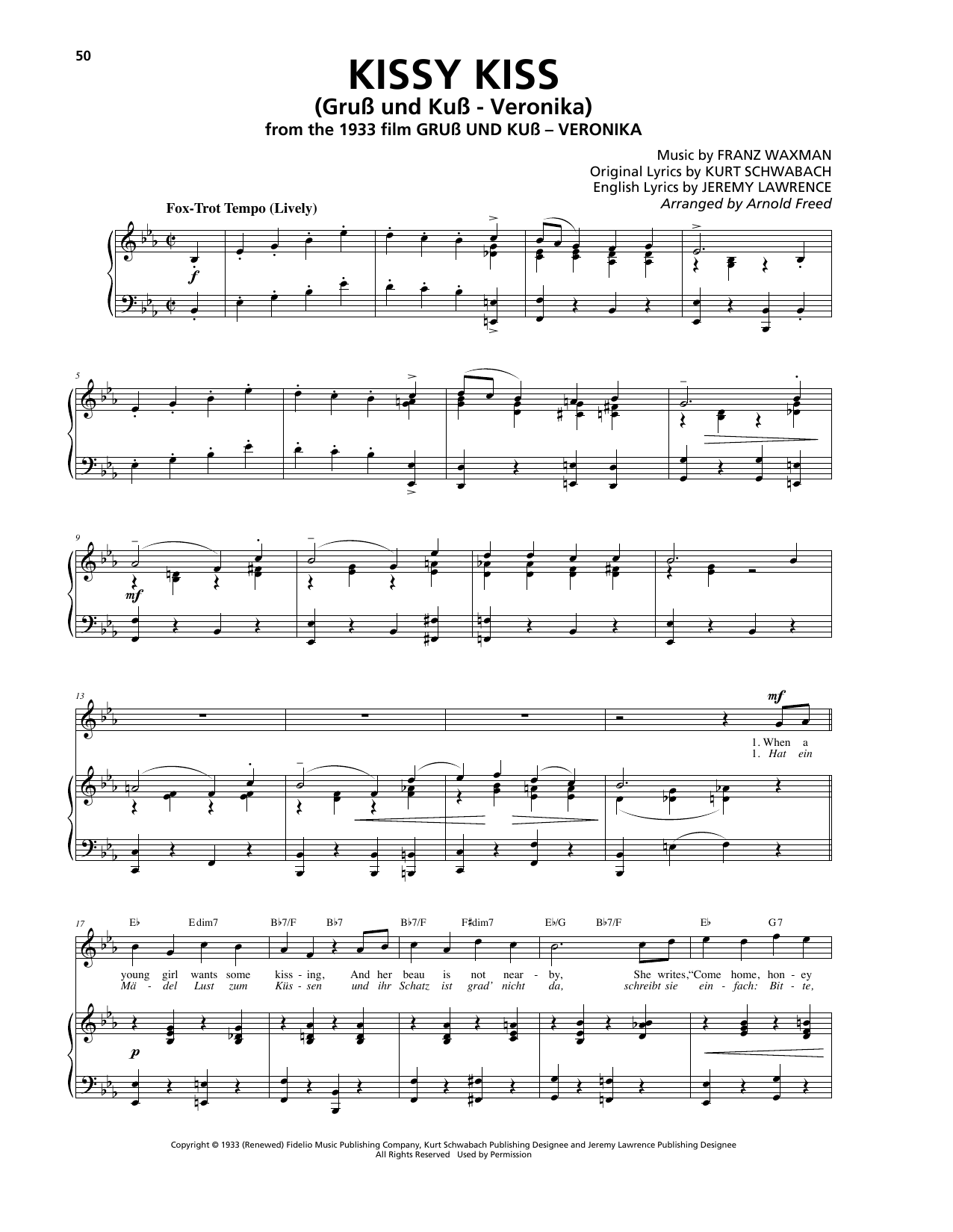 Franz Waxman Kissy Kiss (Gru?? und Kuss - Veronica) Sheet Music Notes & Chords for Piano, Vocal & Guitar (Right-Hand Melody) - Download or Print PDF