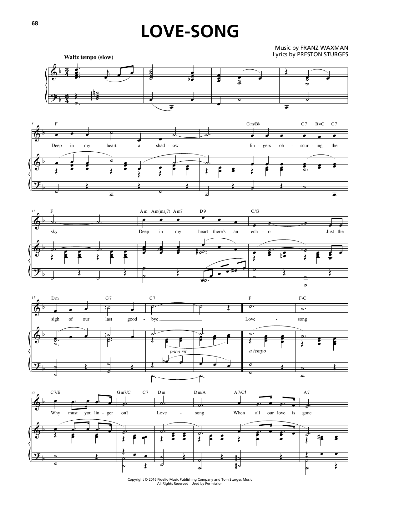 Franz Waxman Love-Song Sheet Music Notes & Chords for Piano, Vocal & Guitar (Right-Hand Melody) - Download or Print PDF