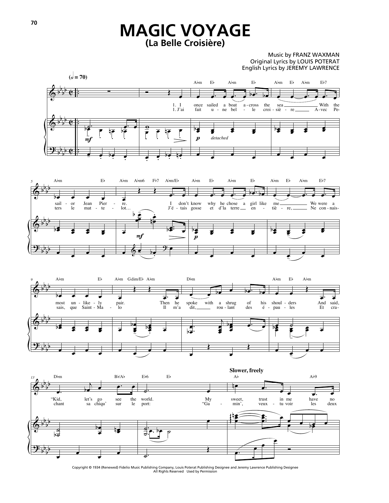 Franz Waxman Magic Voyage (La Belle Croisière) Sheet Music Notes & Chords for Piano, Vocal & Guitar (Right-Hand Melody) - Download or Print PDF