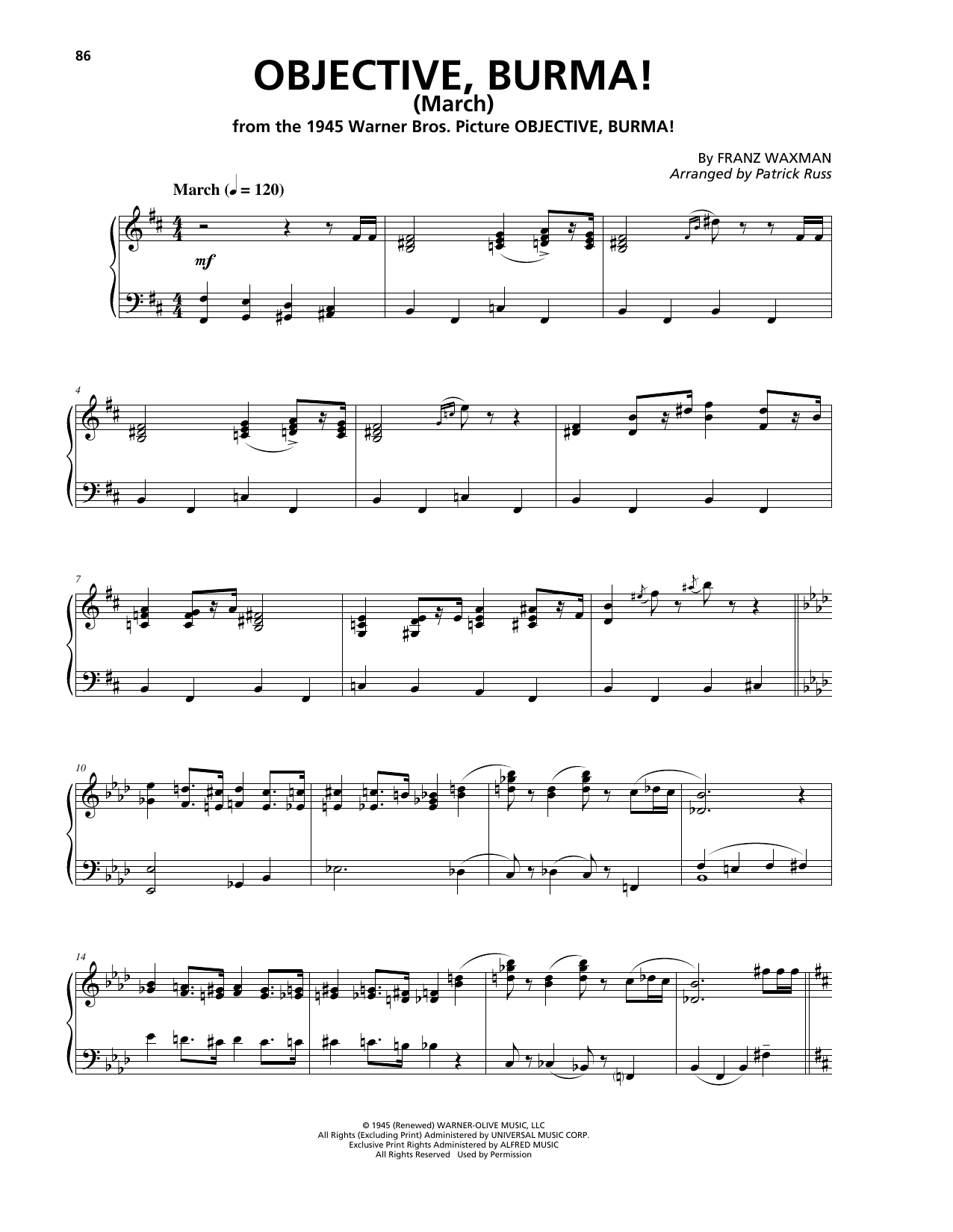 Franz Waxman Objective, Burma! (March) (from Objective, Burma!) Sheet Music Notes & Chords for Piano Solo - Download or Print PDF