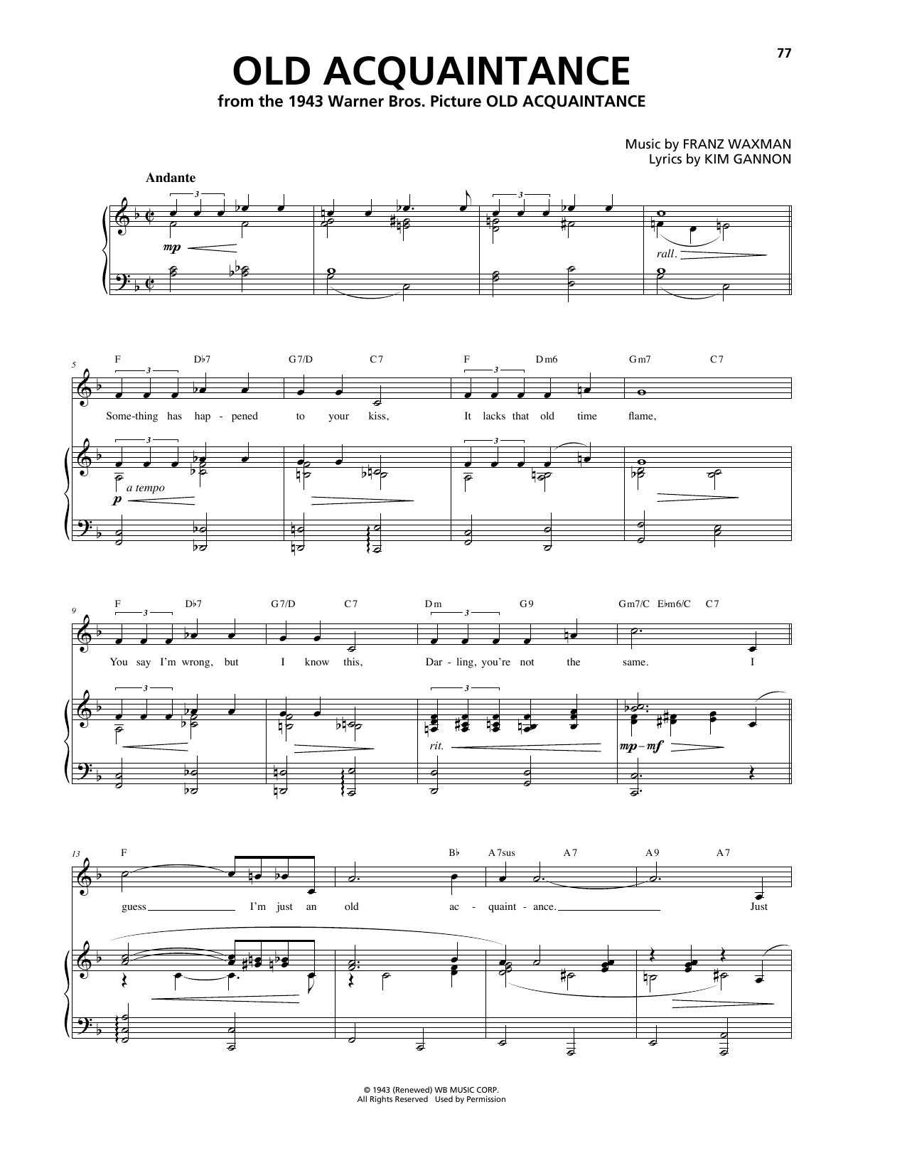 Franz Waxman Old Acquaintance Sheet Music Notes & Chords for Piano, Vocal & Guitar (Right-Hand Melody) - Download or Print PDF