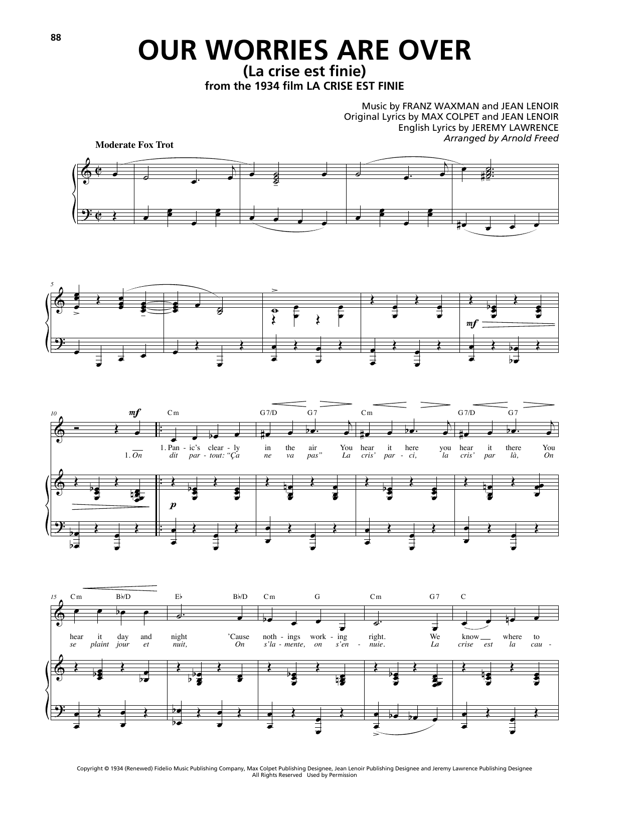 Franz Waxman Our Worries Are Over (La Crise Est Finie) Sheet Music Notes & Chords for Piano, Vocal & Guitar (Right-Hand Melody) - Download or Print PDF
