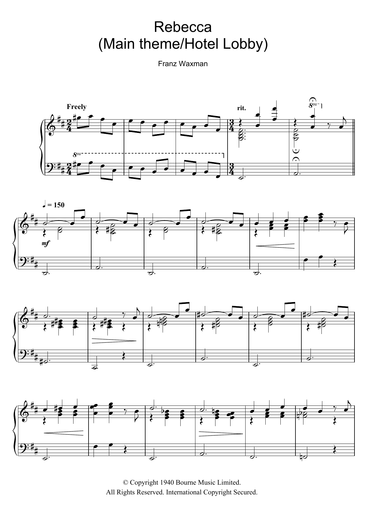 Franz Waxman Rebecca (Main Theme/Hotel Lobby) Sheet Music Notes & Chords for Piano - Download or Print PDF