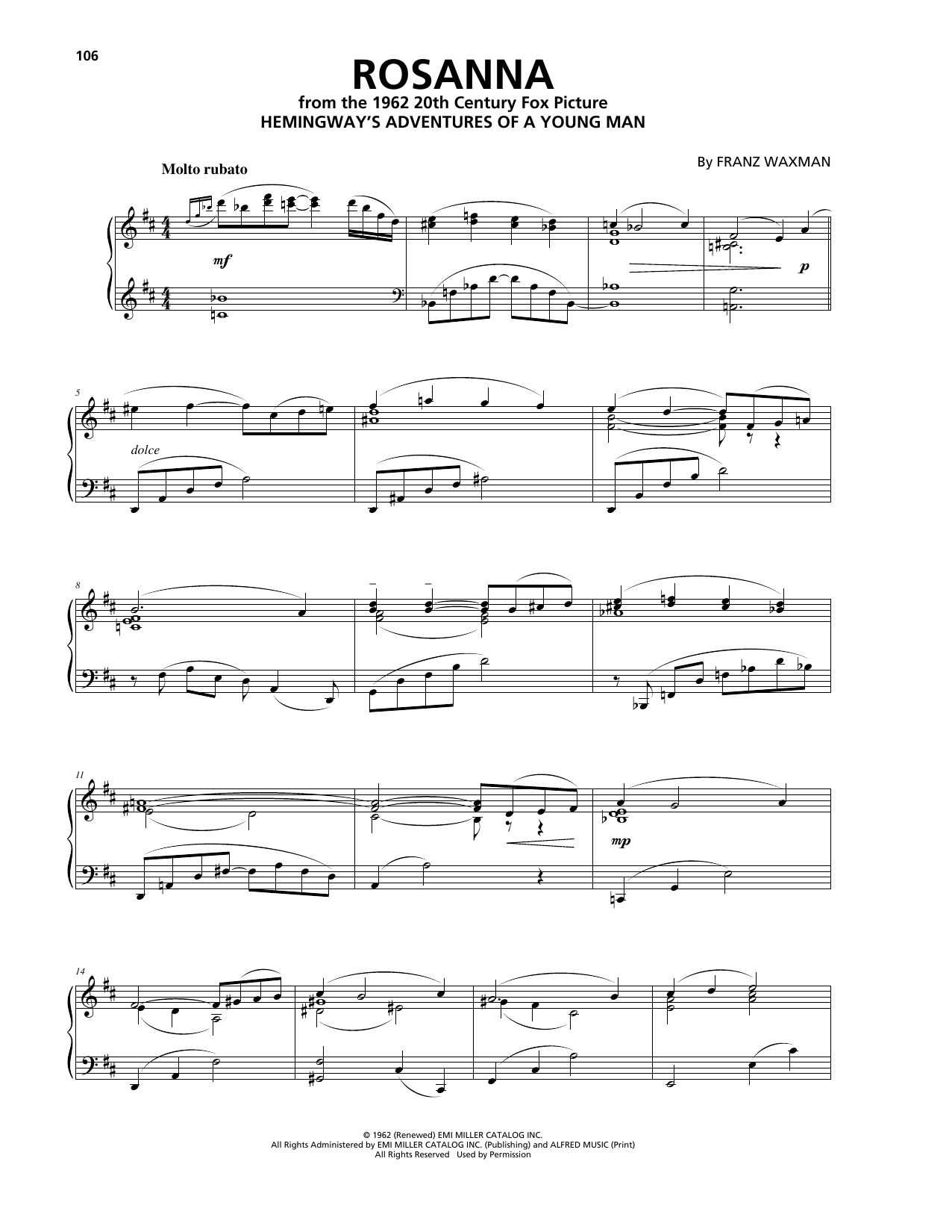 Franz Waxman Rosanna Sheet Music Notes & Chords for Piano - Download or Print PDF