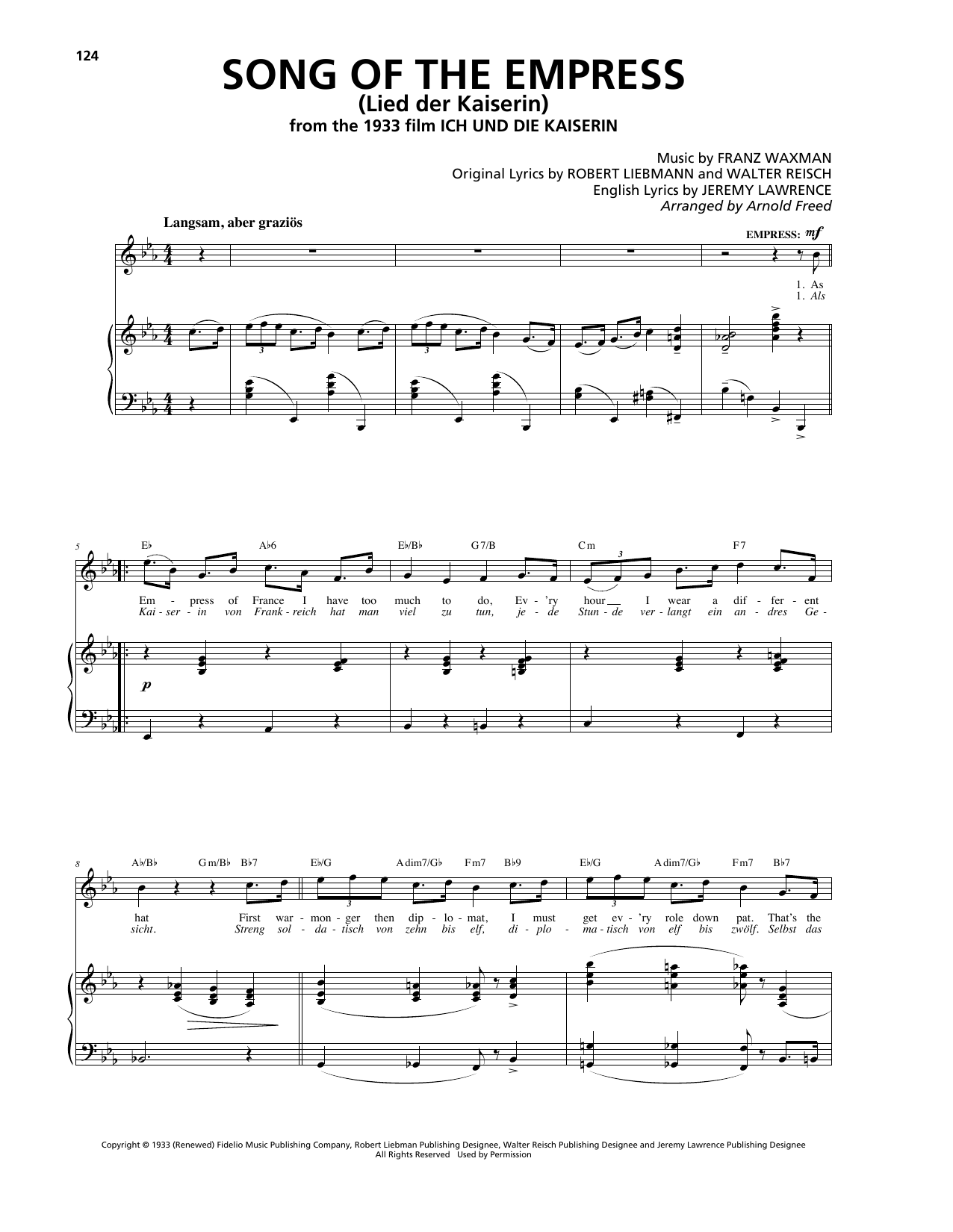Franz Waxman Song Of The Empress (Lied der Kaiserin) Sheet Music Notes & Chords for Piano, Vocal & Guitar (Right-Hand Melody) - Download or Print PDF