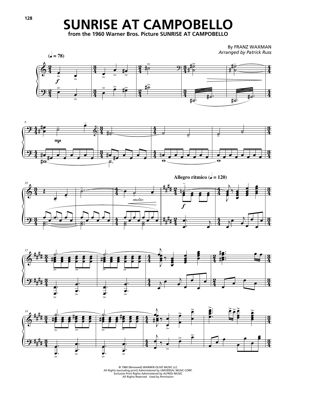 Franz Waxman Sunrise At Campobello (from Sunrise At Campobello) Sheet Music Notes & Chords for Piano Solo - Download or Print PDF