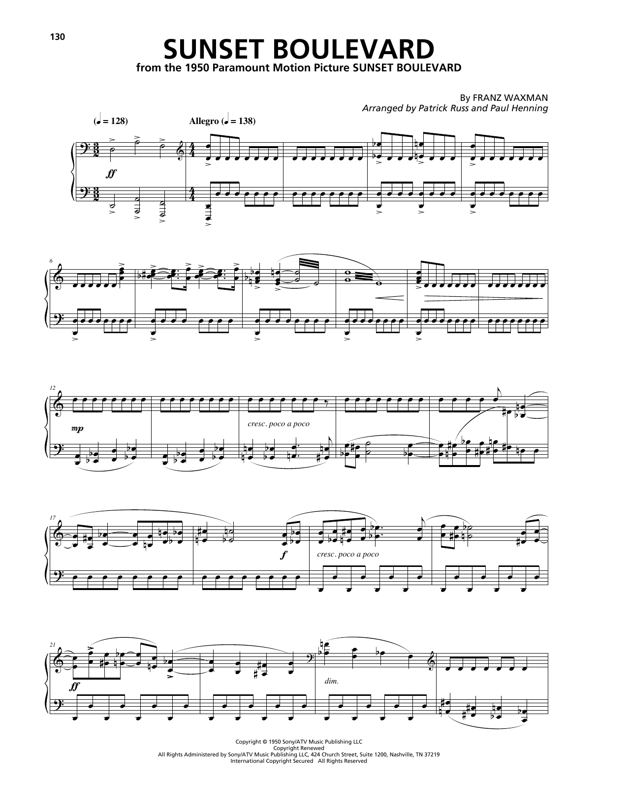 Franz Waxman Sunset Boulevard Sheet Music Notes & Chords for Piano - Download or Print PDF