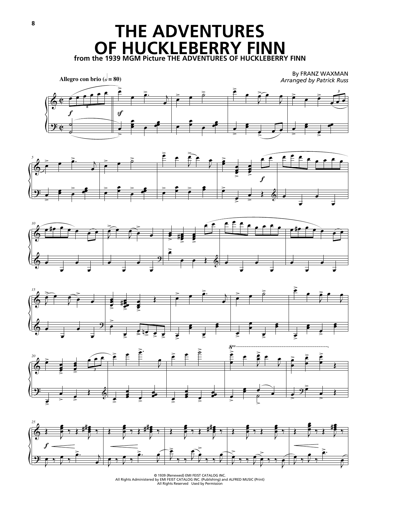 Franz Waxman The Adventures Of Huckleberry Finn Sheet Music Notes & Chords for Piano - Download or Print PDF