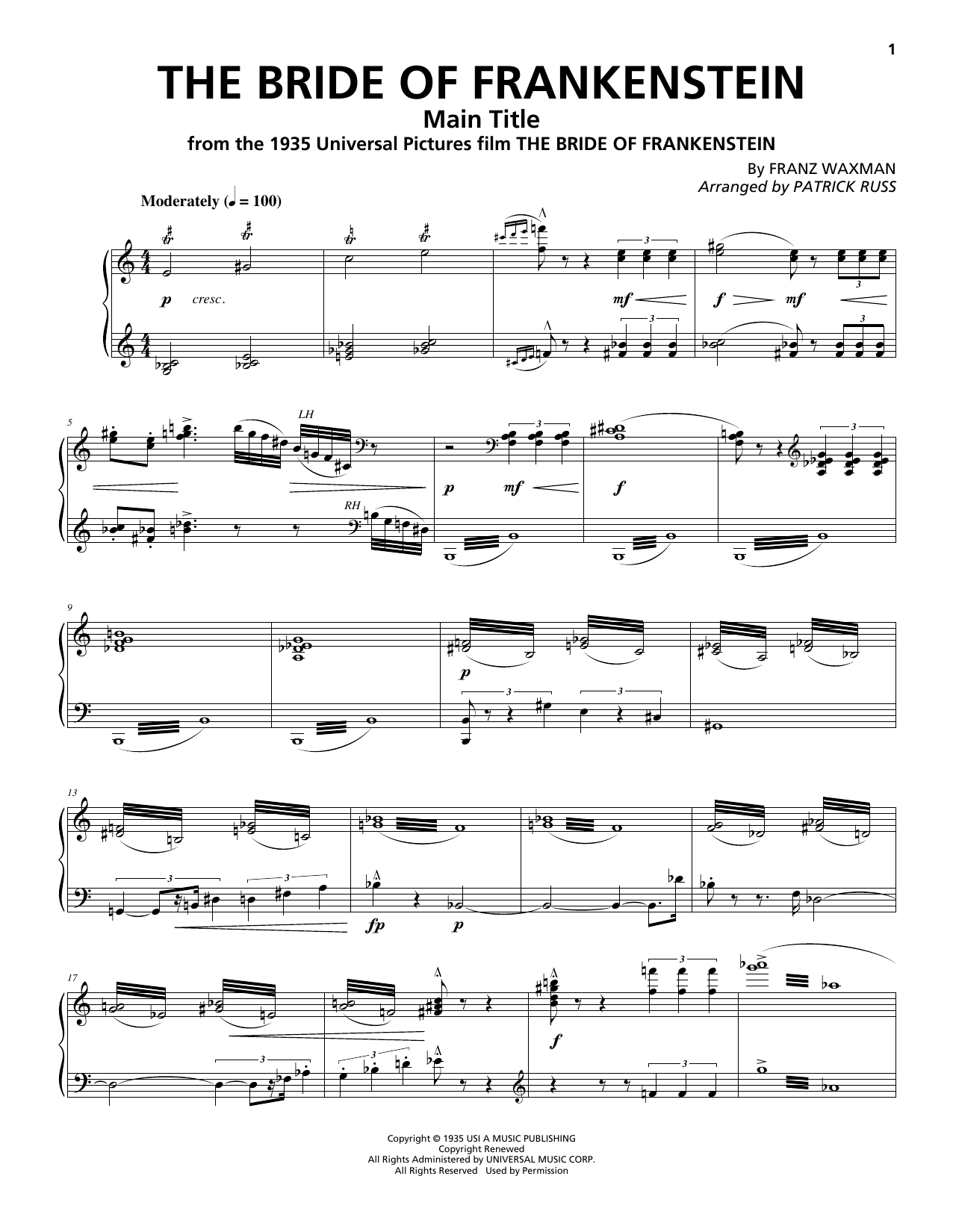 Franz Waxman The Bride Of Frankenstein - Main Title Sheet Music Notes & Chords for Piano & Vocal - Download or Print PDF