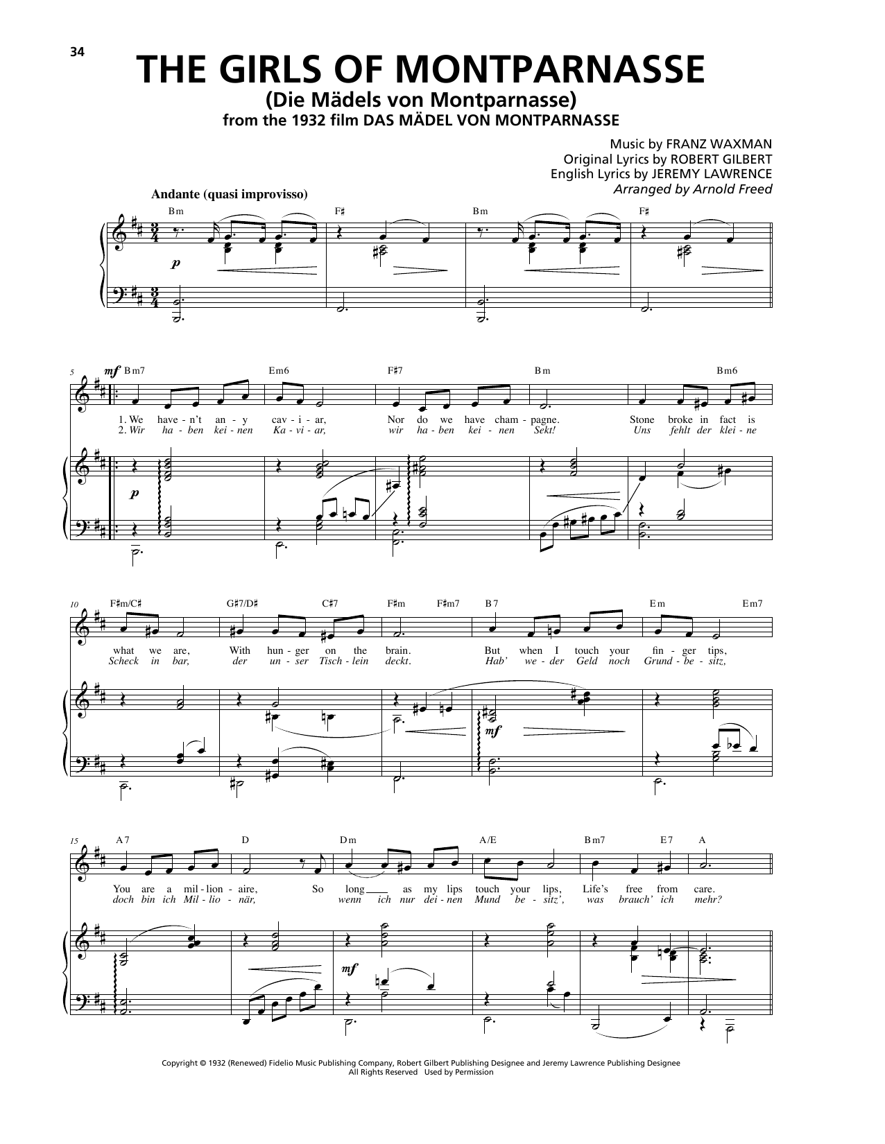 Franz Waxman The Girls Of Montparnasse (Die Mädels von Montparnasse) Sheet Music Notes & Chords for Piano, Vocal & Guitar (Right-Hand Melody) - Download or Print PDF