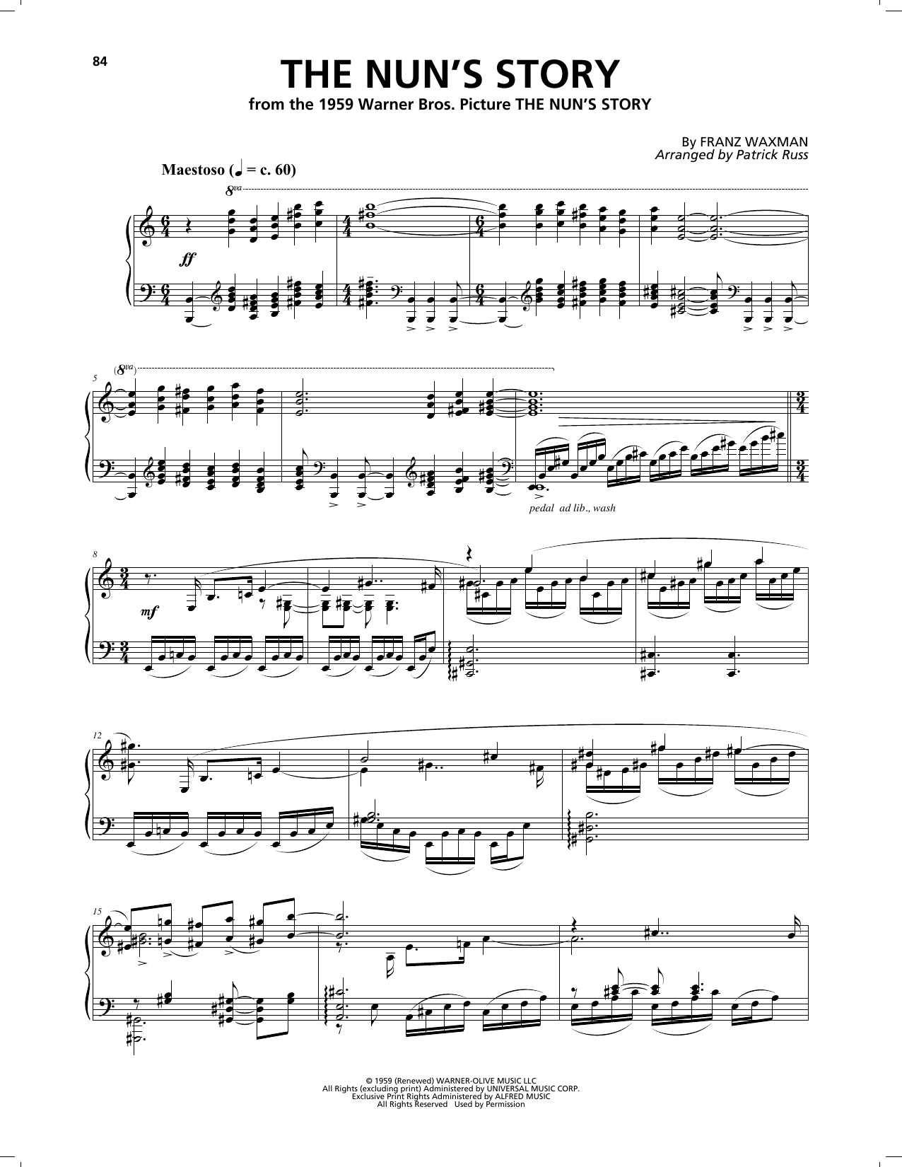 Franz Waxman The Nun's Story (from The Nun's Story) Sheet Music Notes & Chords for Piano, Vocal & Guitar Chords (Right-Hand Melody) - Download or Print PDF