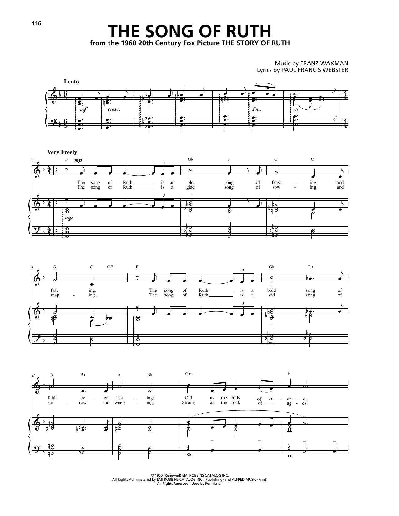 Franz Waxman The Song Of Ruth Sheet Music Notes & Chords for Piano, Vocal & Guitar (Right-Hand Melody) - Download or Print PDF