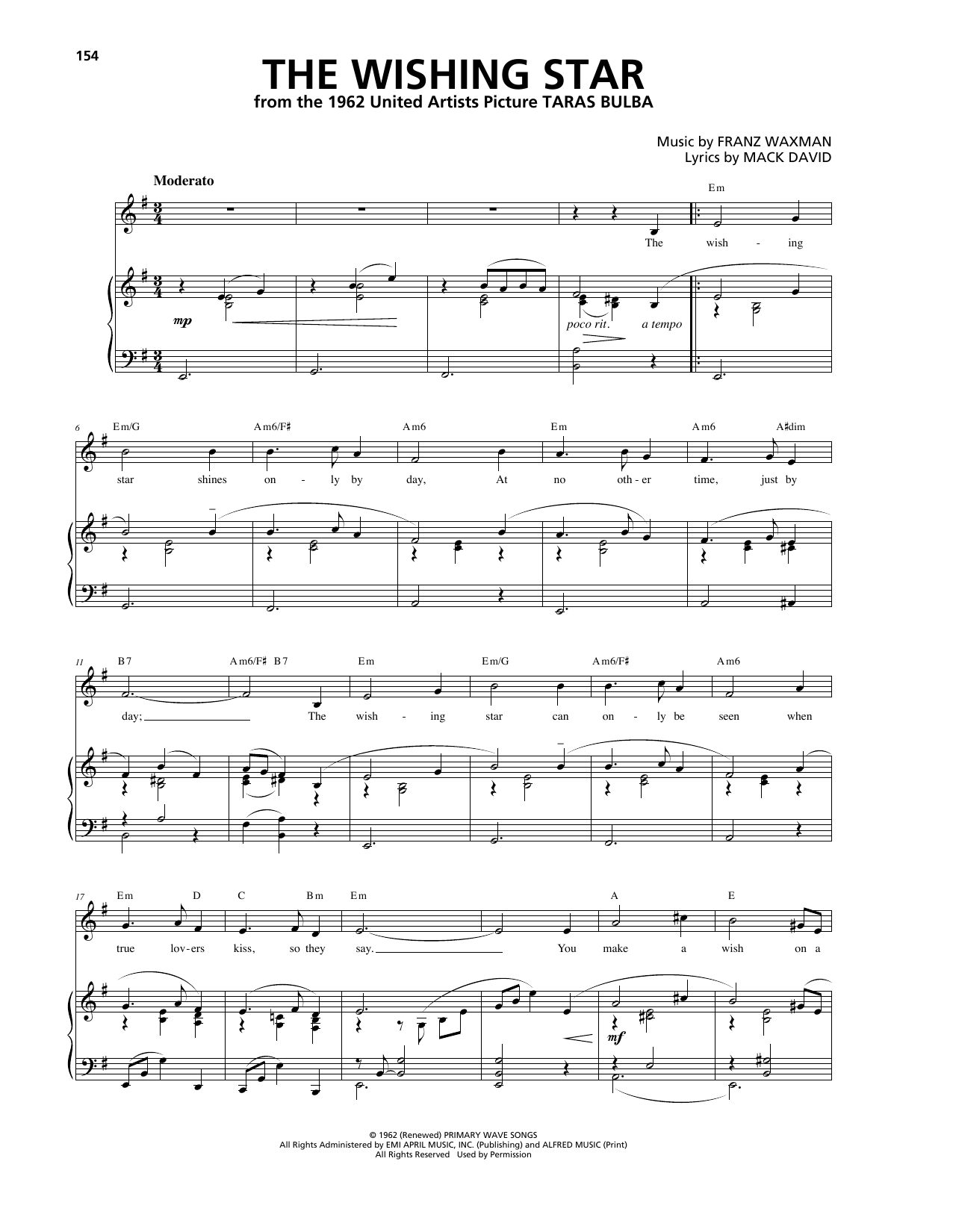 Franz Waxman The Wishing Star Sheet Music Notes & Chords for Piano, Vocal & Guitar (Right-Hand Melody) - Download or Print PDF