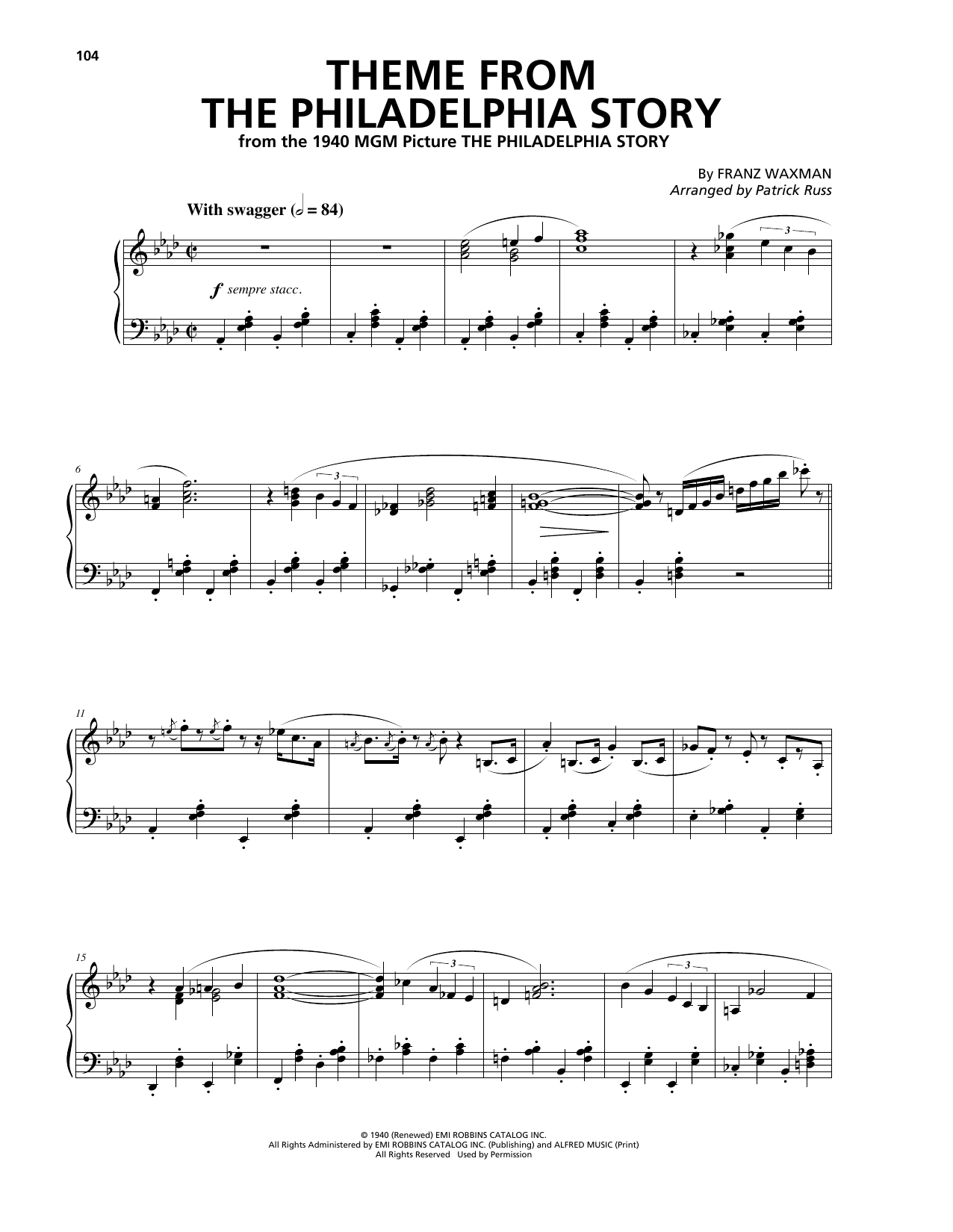 Franz Waxman Theme From The Philadelphia Story Sheet Music Notes & Chords for Piano - Download or Print PDF