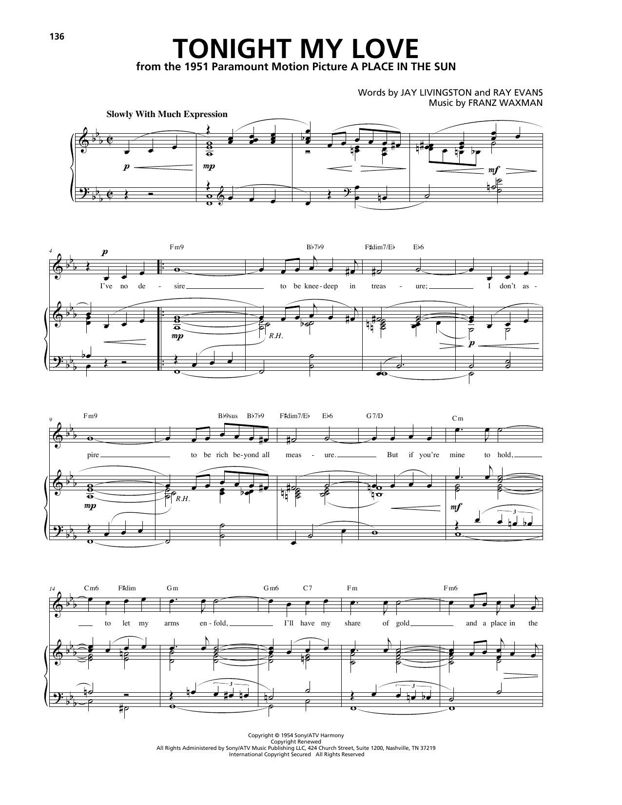 Franz Waxman Tonight My Love Sheet Music Notes & Chords for Piano, Vocal & Guitar (Right-Hand Melody) - Download or Print PDF