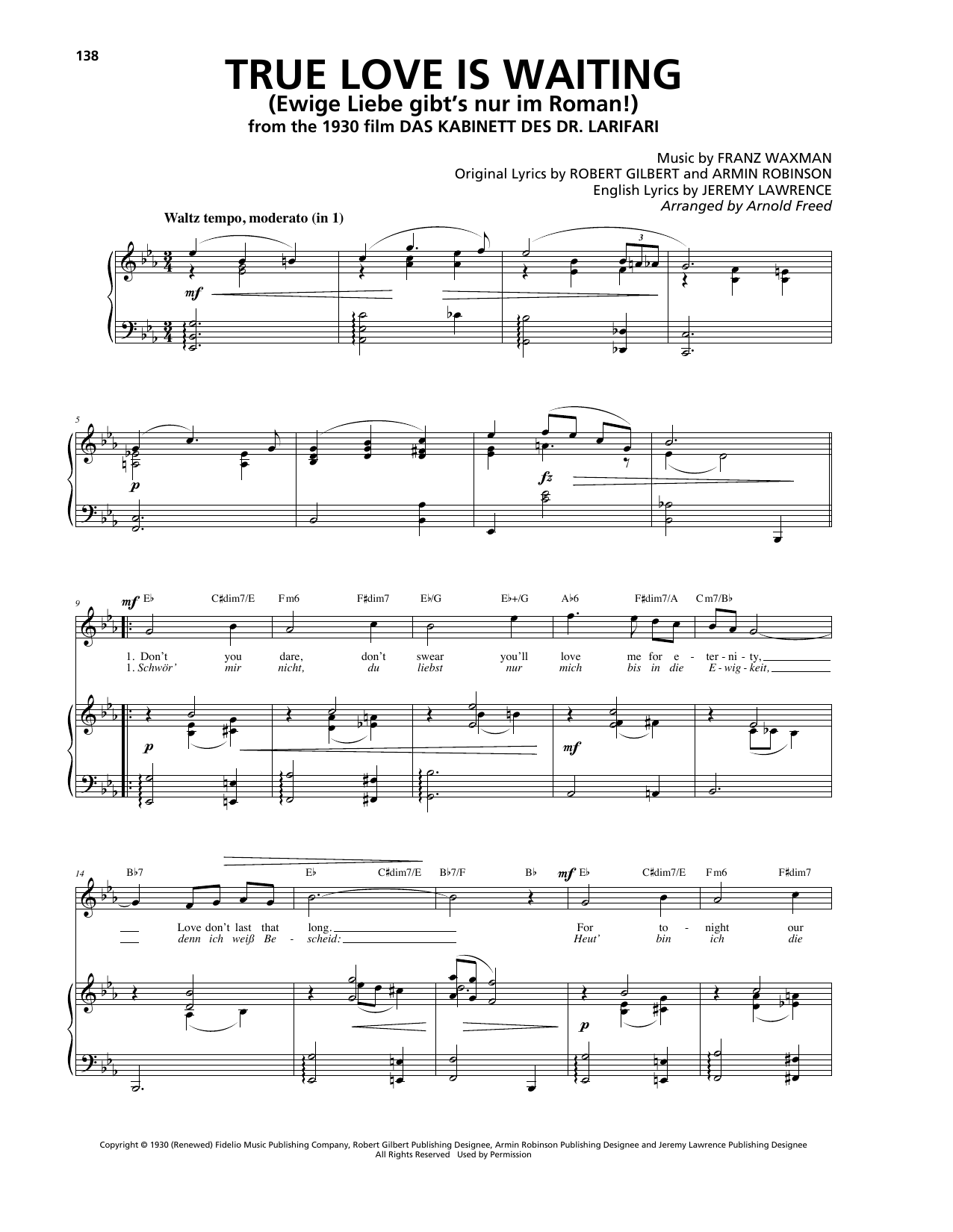 Franz Waxman True Love Is Waiting (Ewige Liebe gibt's nur im Roman!) Sheet Music Notes & Chords for Piano, Vocal & Guitar (Right-Hand Melody) - Download or Print PDF