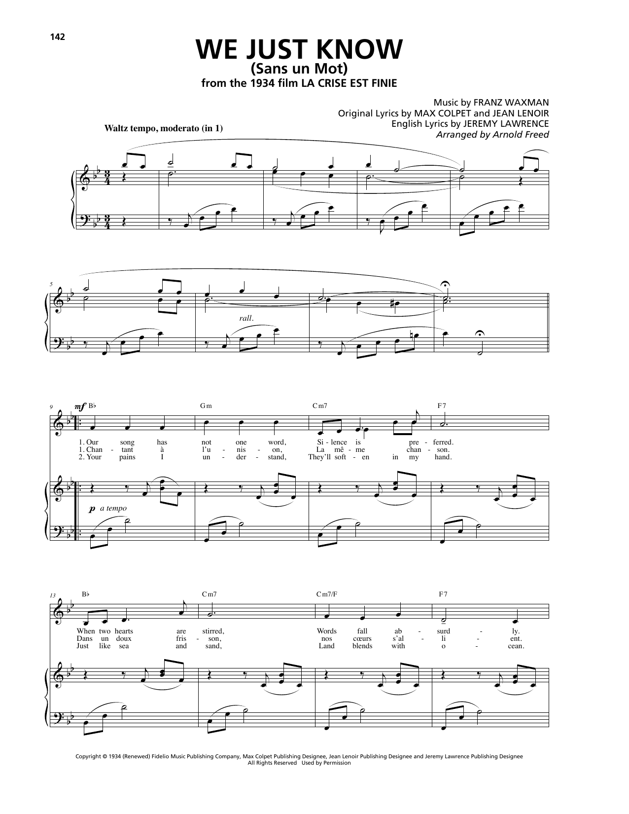 Franz Waxman We Just Know (Sans un Mot) Sheet Music Notes & Chords for Piano, Vocal & Guitar (Right-Hand Melody) - Download or Print PDF