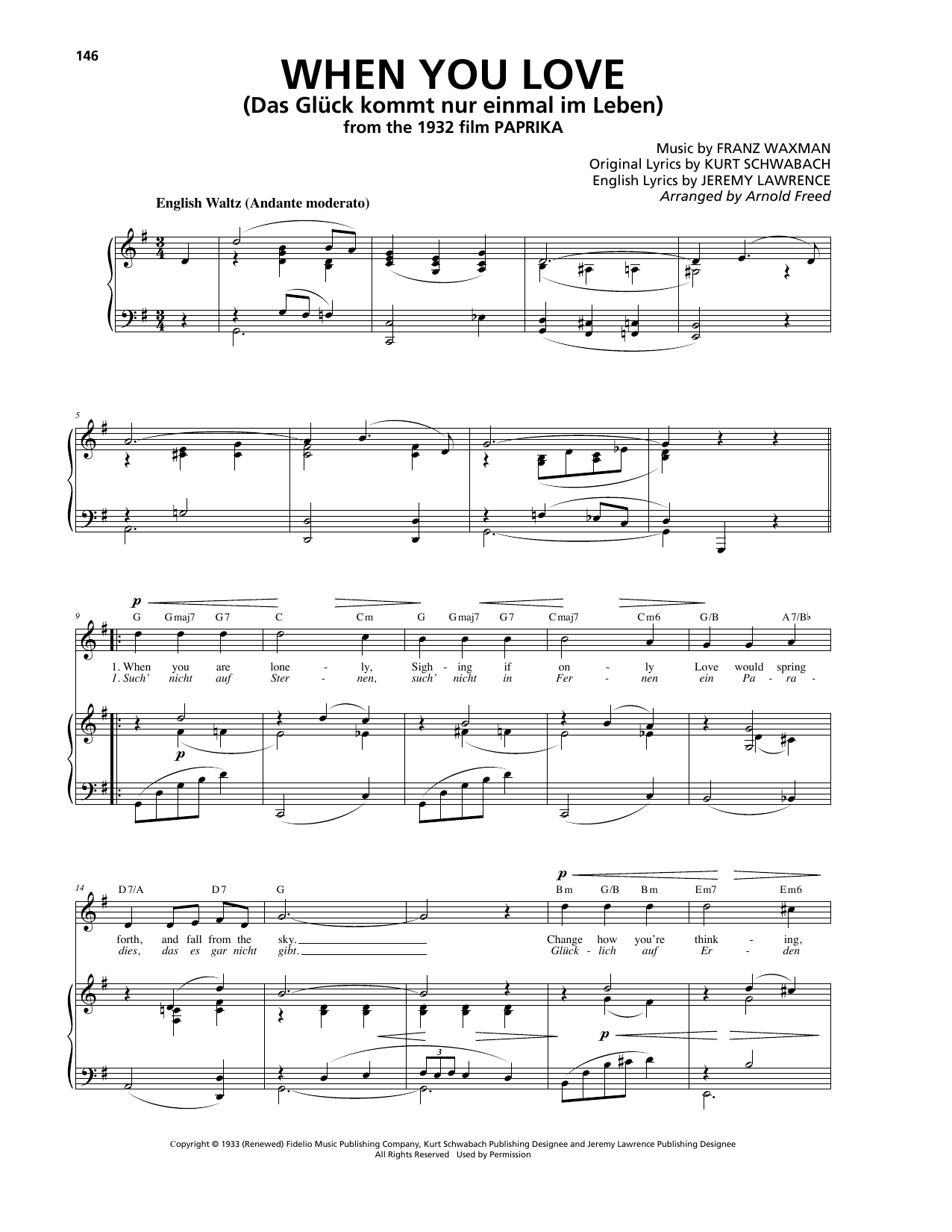 Franz Waxman When You Love (Das Glück kommt nur einmal im Leben) Sheet Music Notes & Chords for Piano, Vocal & Guitar (Right-Hand Melody) - Download or Print PDF