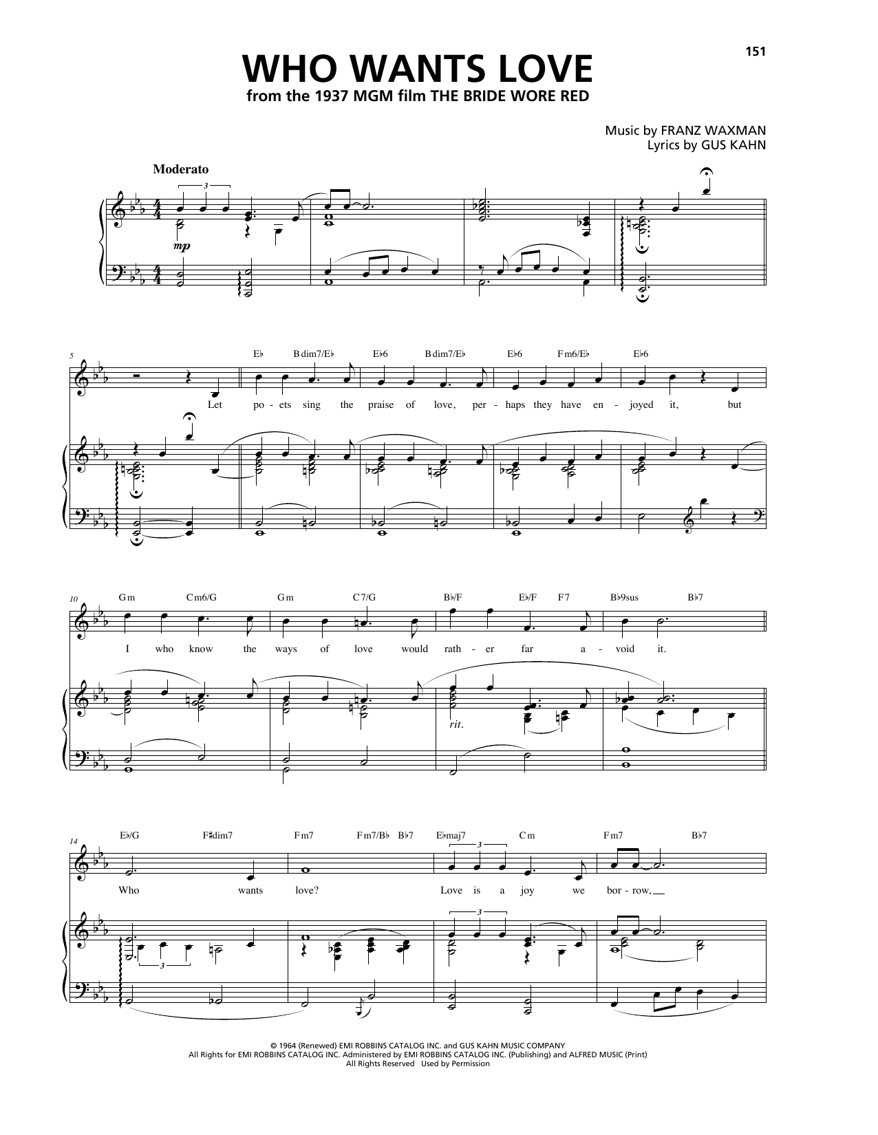 Franz Waxman Who Wants Love Sheet Music Notes & Chords for Piano, Vocal & Guitar (Right-Hand Melody) - Download or Print PDF