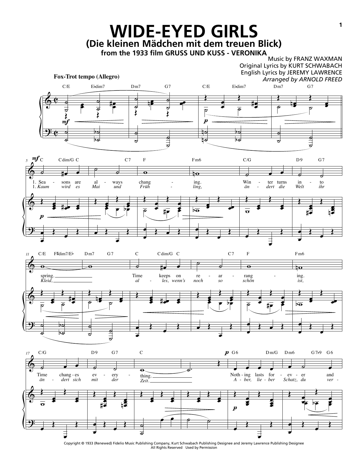 Franz Waxman Wide-Eyed Girls (Die kleinen Mädchen mit dem treuen Blick) Sheet Music Notes & Chords for Piano & Vocal - Download or Print PDF