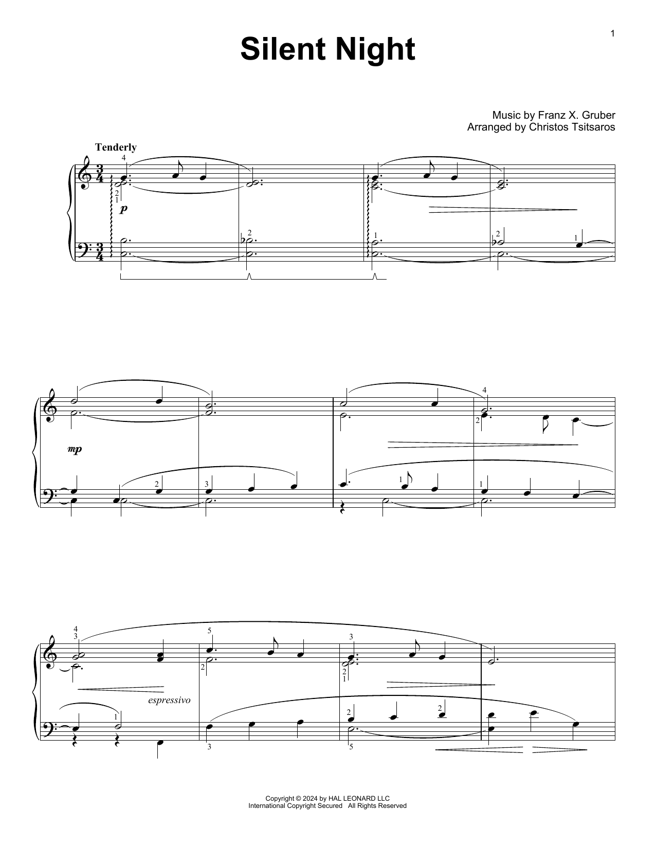 Franz X. Gruber Silent Night (arr. Christos Tsitsaros) Sheet Music Notes & Chords for Easy Piano Solo - Download or Print PDF