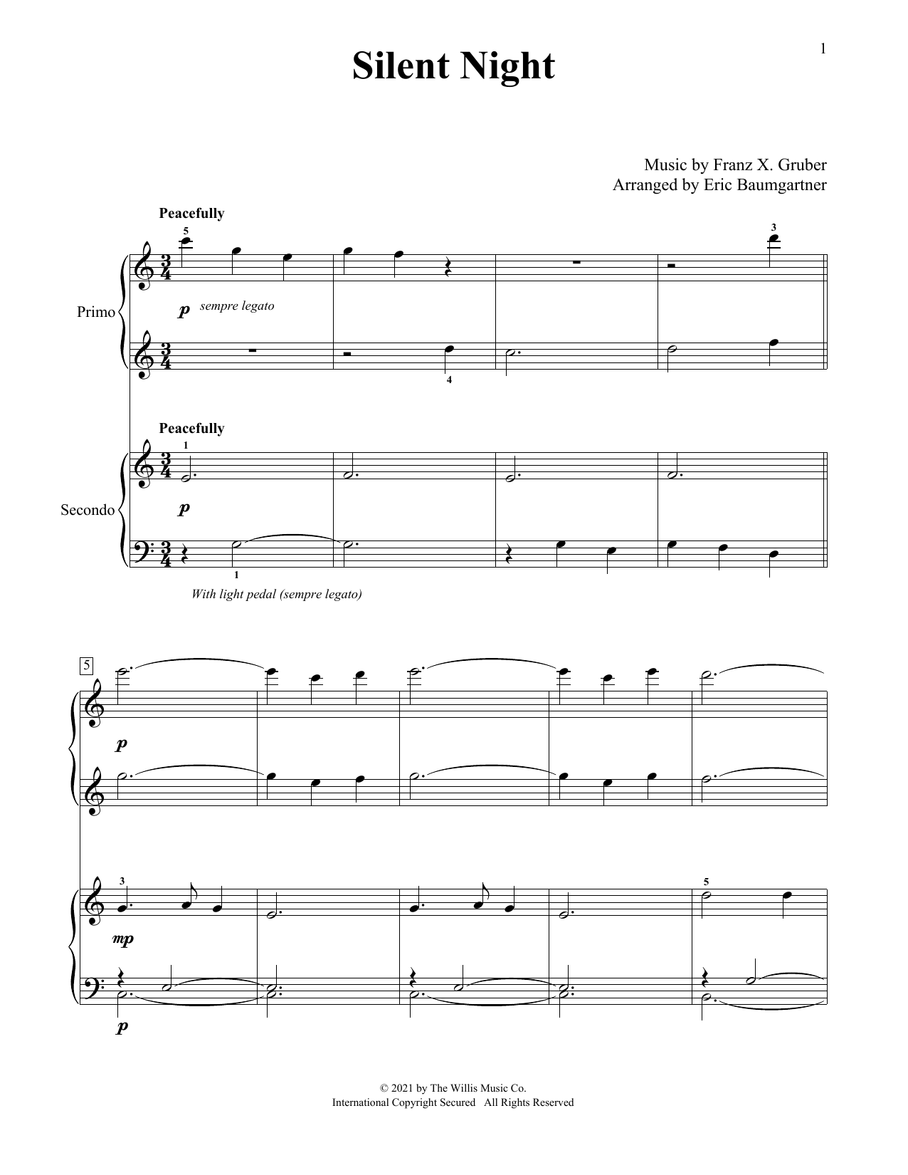 Franz X. Grüber Silent Night (arr. Eric Baumgartner) Sheet Music Notes & Chords for Piano Duet - Download or Print PDF