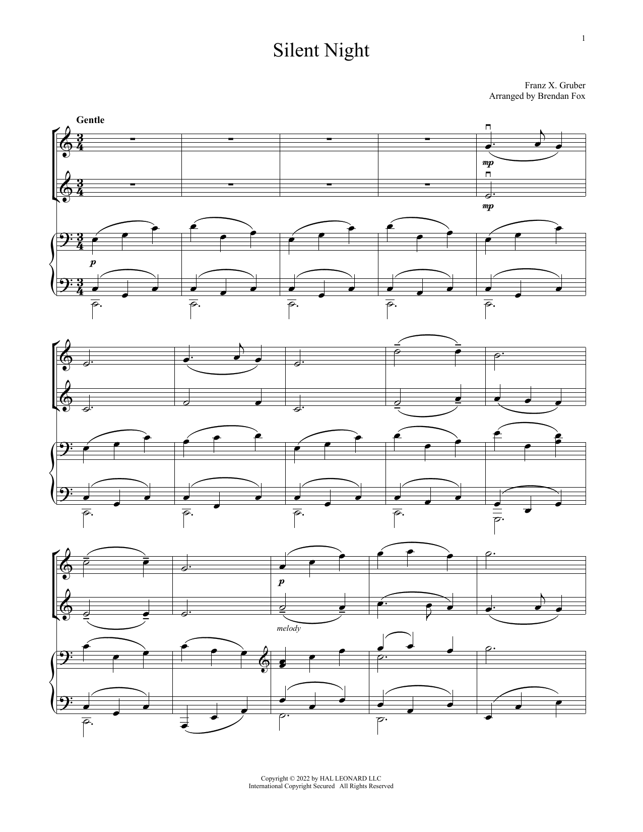 Franz X. Gruber Silent Night (for Violin Duet and Piano) Sheet Music Notes & Chords for Violin and Piano - Download or Print PDF