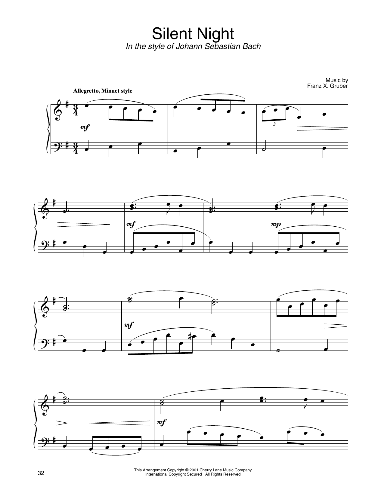 Franz X. Gruber Silent Night (in the style of J.S. Bach) (arr. Carol Klose) Sheet Music Notes & Chords for Piano Solo - Download or Print PDF
