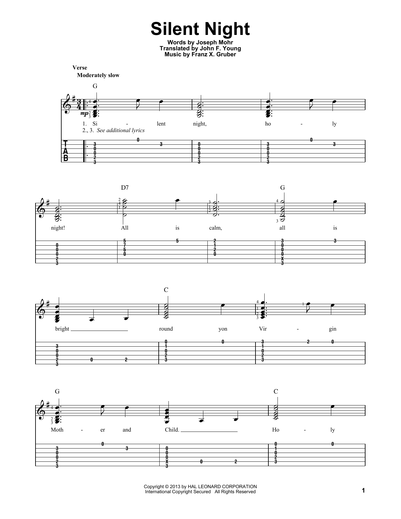 Franz X. Gruber Silent Night Sheet Music Notes & Chords for Really Easy Guitar - Download or Print PDF