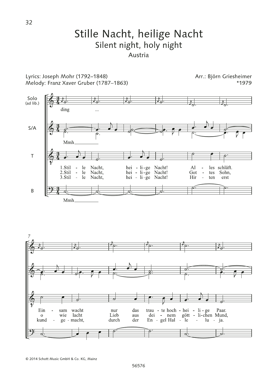 Franz Xaver Gruber Stille Nacht, Heilige Nacht Sheet Music Notes & Chords for Choral - Download or Print PDF