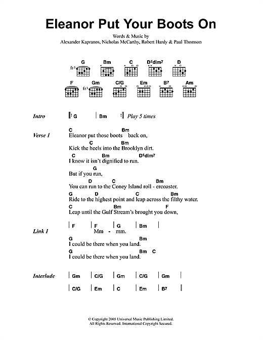 Preview Franz Ferdinand Eleanor Put Your Boots On Rock sheet music, notes and chords for Piano, Vocal & Guitar, SKU: 36453 Eleanor Put Your Boots On sheet music