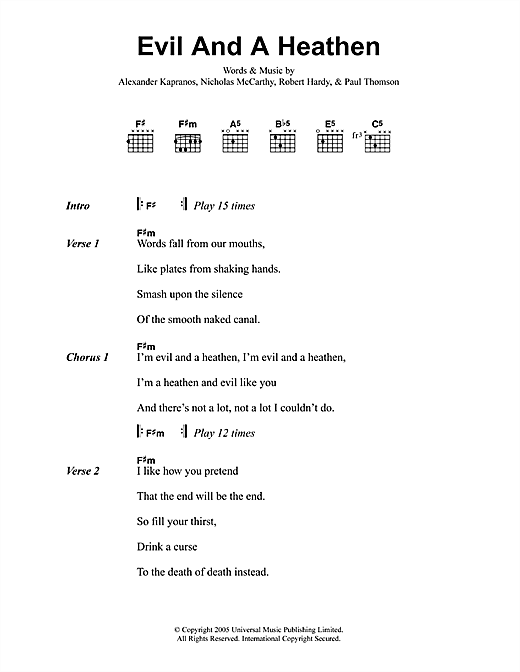 Preview Franz Ferdinand Evil And A Heathen Rock sheet music, notes and chords for Guitar Tab, SKU: 33634 Evil And A Heathen sheet music