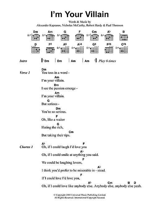 Preview Franz Ferdinand I'm Your Villain Rock sheet music, notes and chords for Guitar Tab, SKU: 33636 I'm Your Villain sheet music