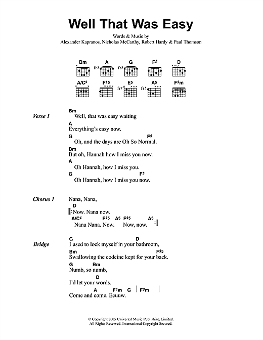 Preview Franz Ferdinand Well That Was Easy Rock sheet music, notes and chords for Guitar Tab, SKU: 33653 Well That Was Easy sheet music