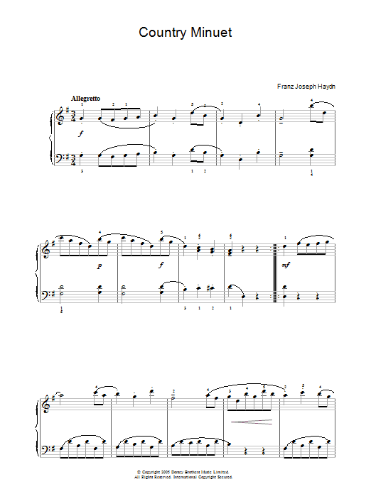 Preview Franz Joseph Haydn Country Minuet Classical sheet music, notes and chords for Piano, SKU: 33869 Country Minuet sheet music
