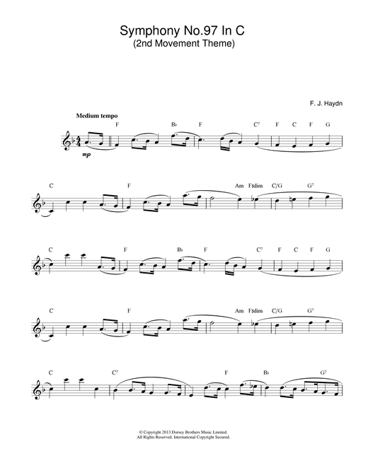 Preview Franz Joseph Haydn Symphony 97 Classical sheet music, notes and chords for Melody Line & Chords, SKU: 14055 Symphony 97 sheet music