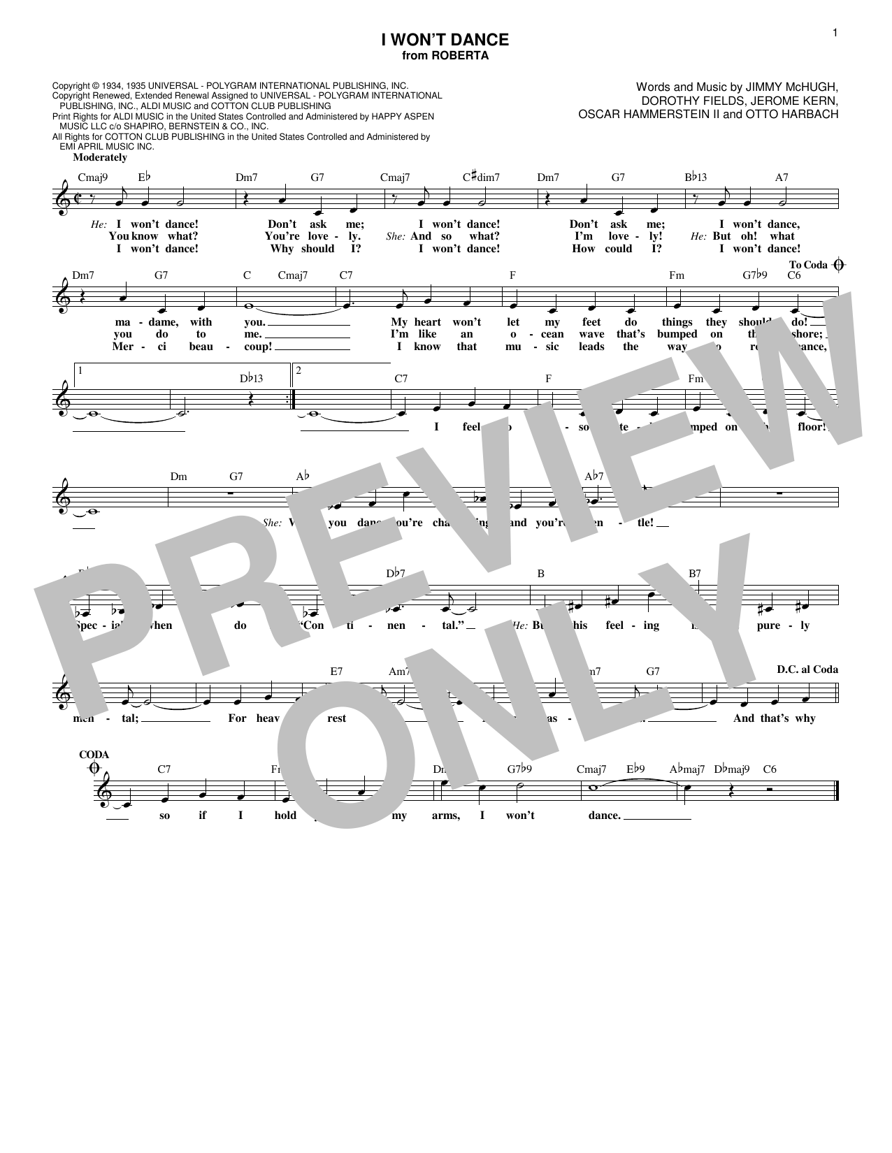 Fred Astaire I Won't Dance (from Roberta) Sheet Music Notes & Chords for Lead Sheet / Fake Book - Download or Print PDF