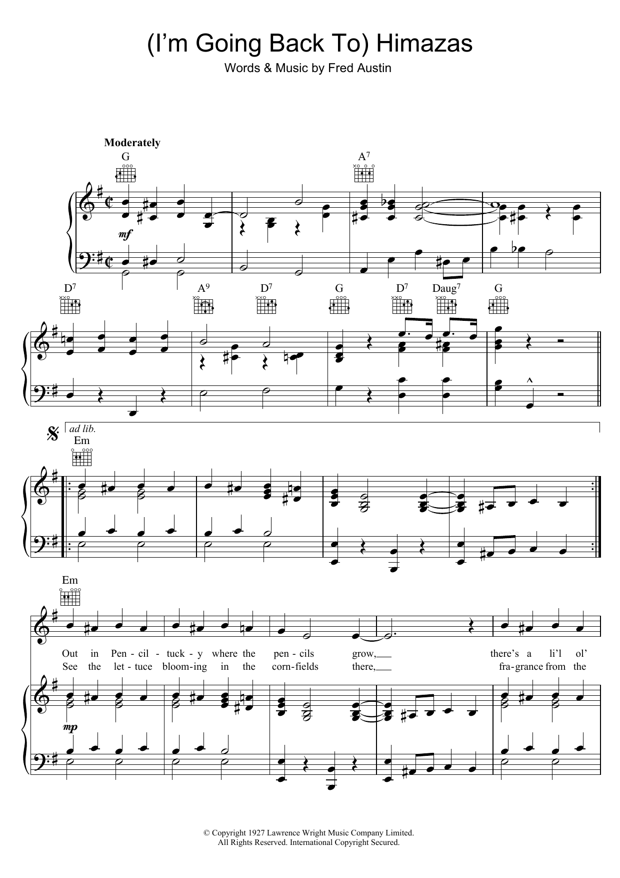 Fred Austin (I'm Going Back To) Himazas Sheet Music Notes & Chords for Piano, Vocal & Guitar (Right-Hand Melody) - Download or Print PDF