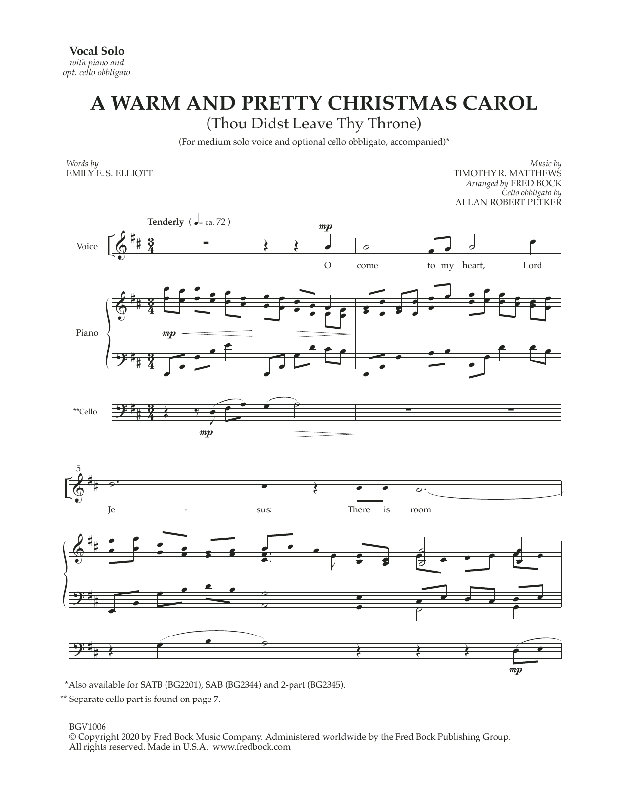 Fred Bock A Warm And Pretty Christmas Carol (with optional cello obbligato) Sheet Music Notes & Chords for Piano & Vocal - Download or Print PDF