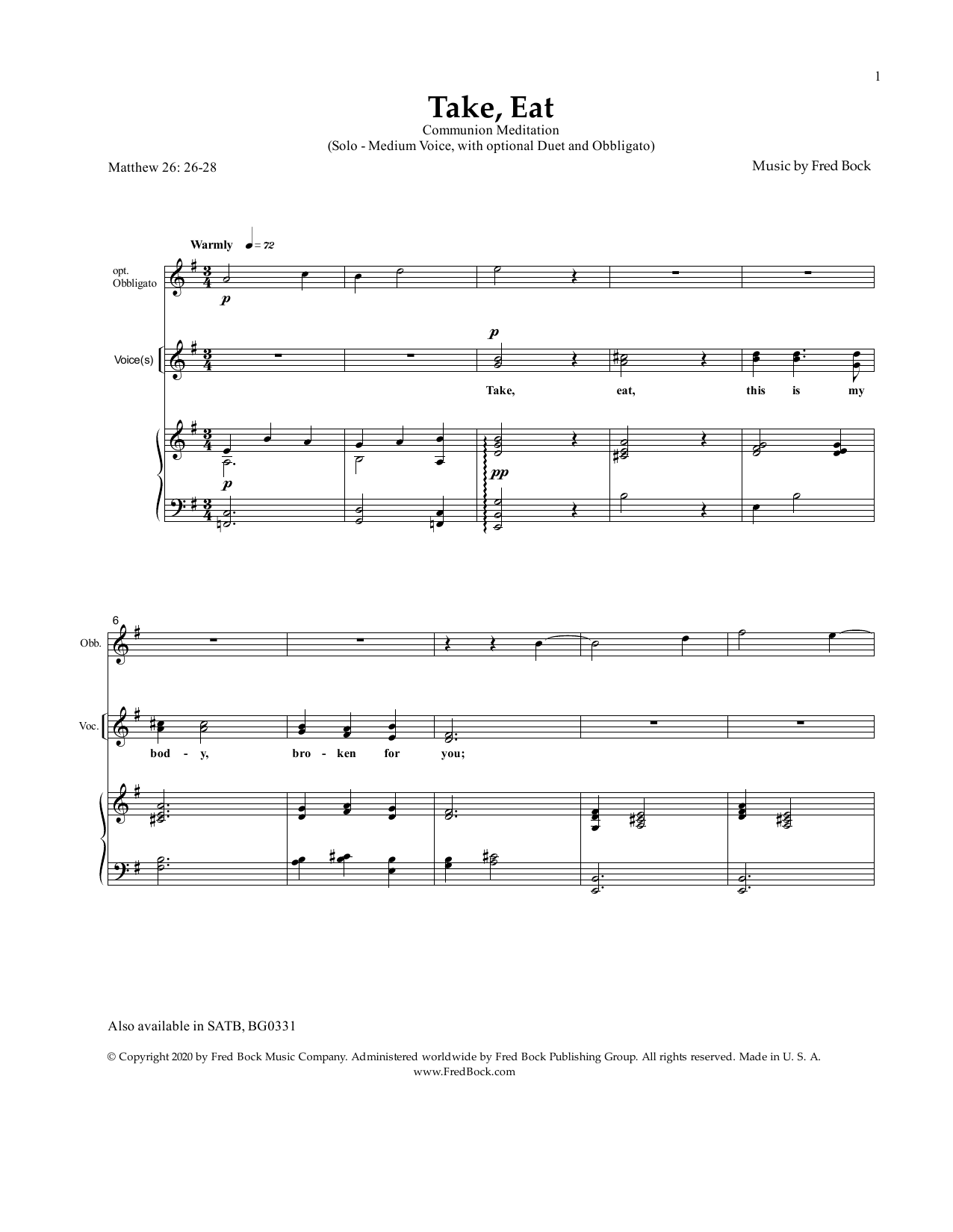 Fred Bock Take, Eat Sheet Music Notes & Chords for Piano & Vocal - Download or Print PDF