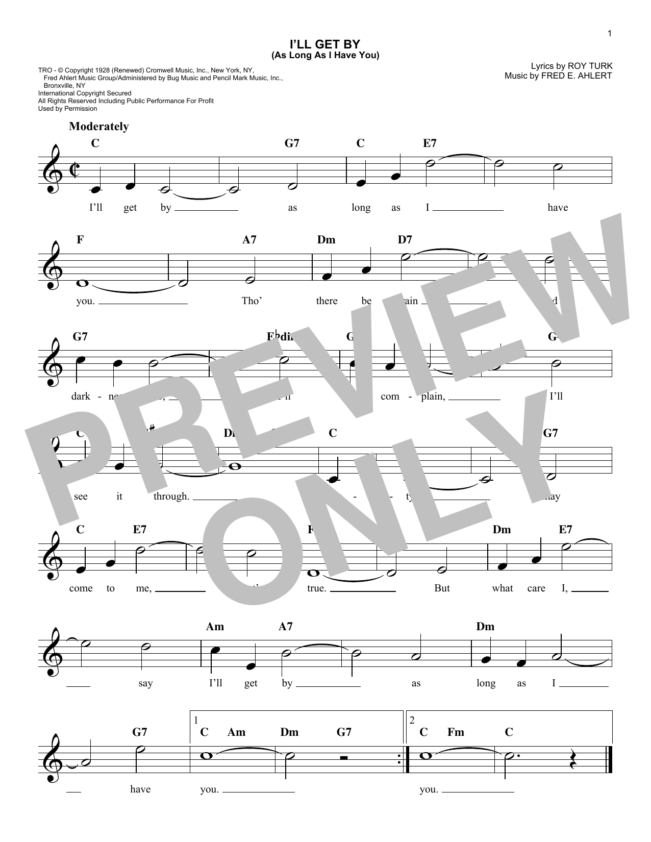 Fred E. Ahlert I'll Get By (As Long As I Have You) Sheet Music Notes & Chords for Melody Line, Lyrics & Chords - Download or Print PDF