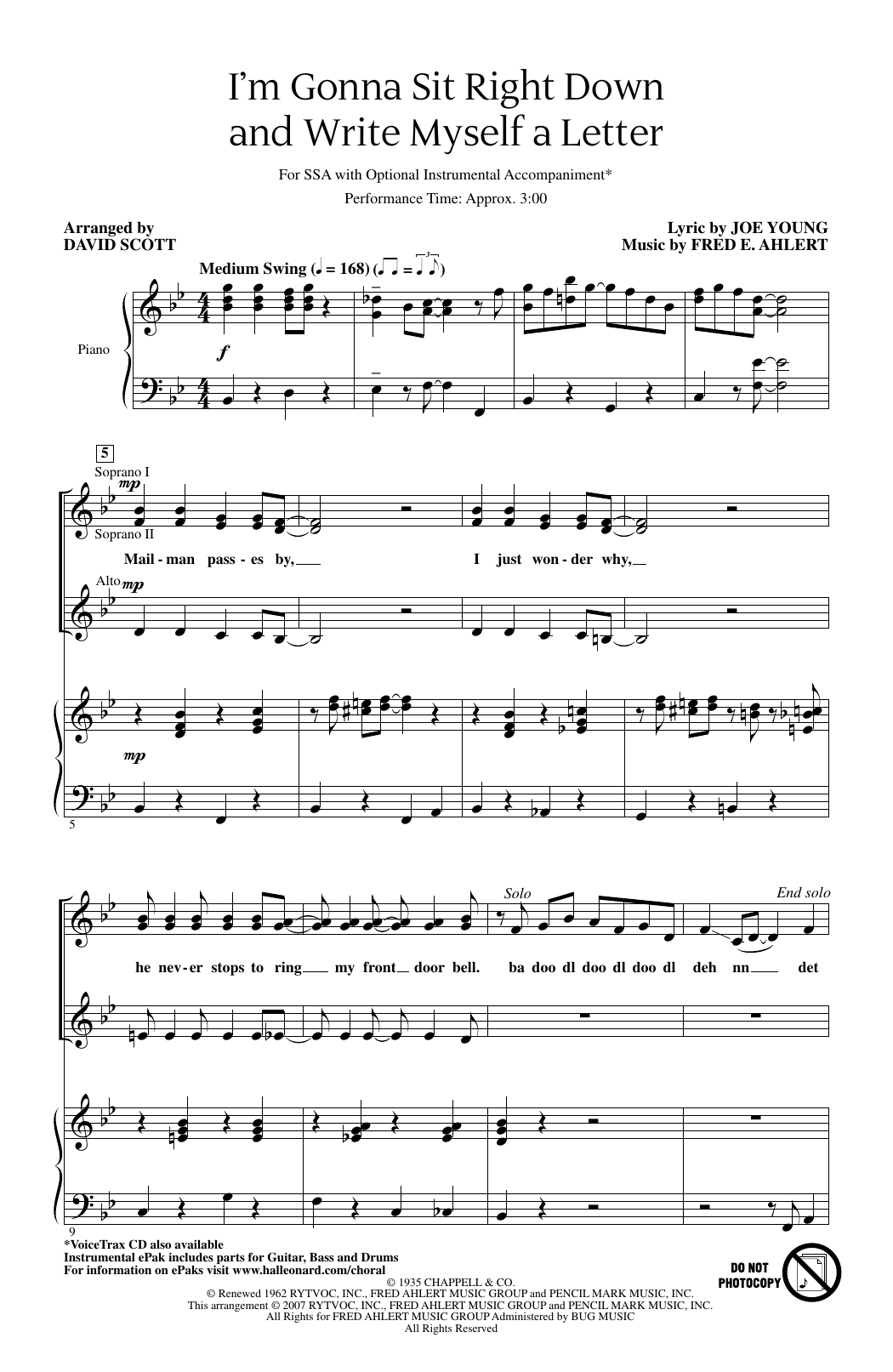 Fred E. Ahlert I'm Gonna Sit Right Down And Write Myself A Letter (arr. David Scott) Sheet Music Notes & Chords for SSA Choir - Download or Print PDF