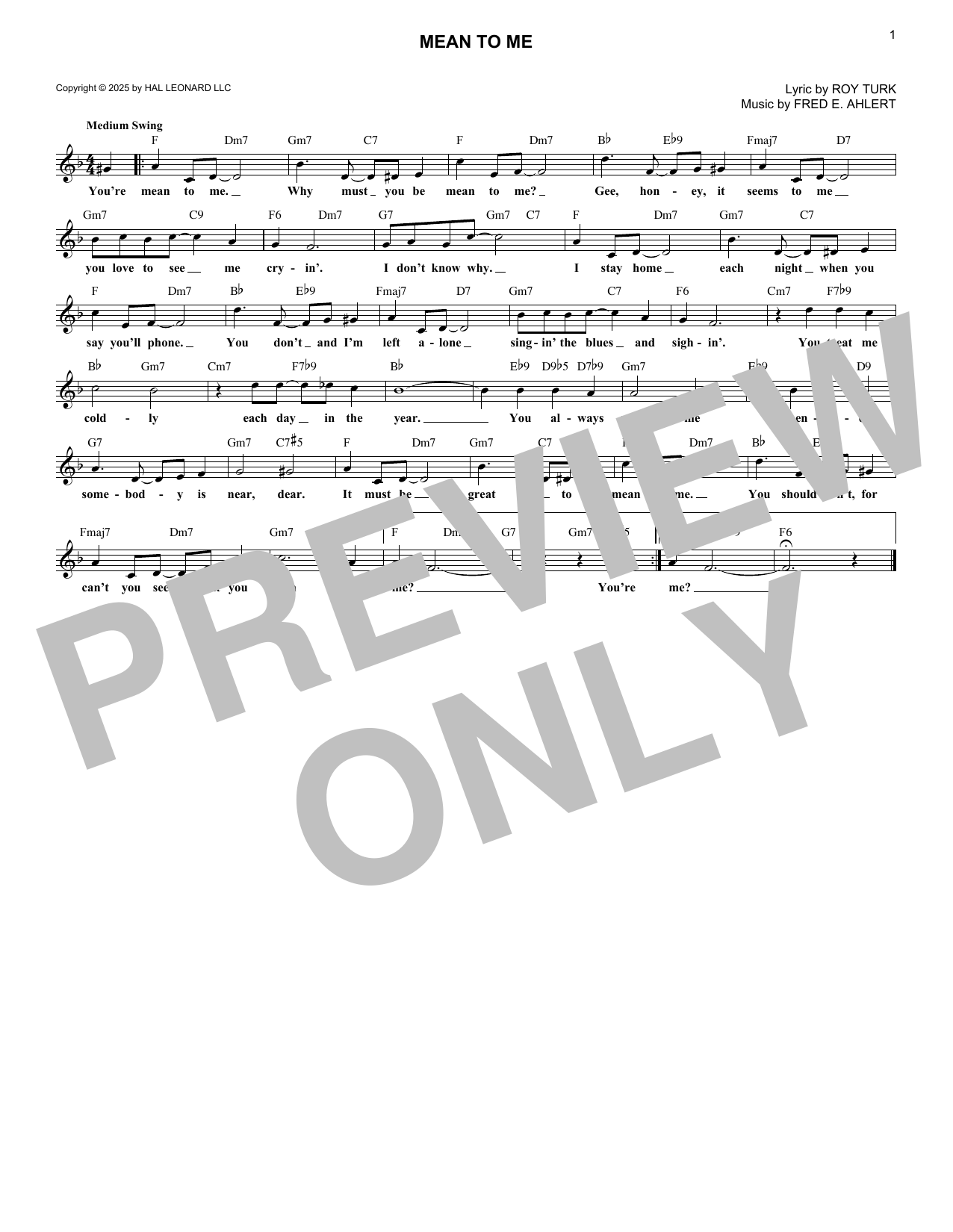 Fred E. Ahlert Mean To Me Sheet Music Notes & Chords for Lead Sheet / Fake Book - Download or Print PDF