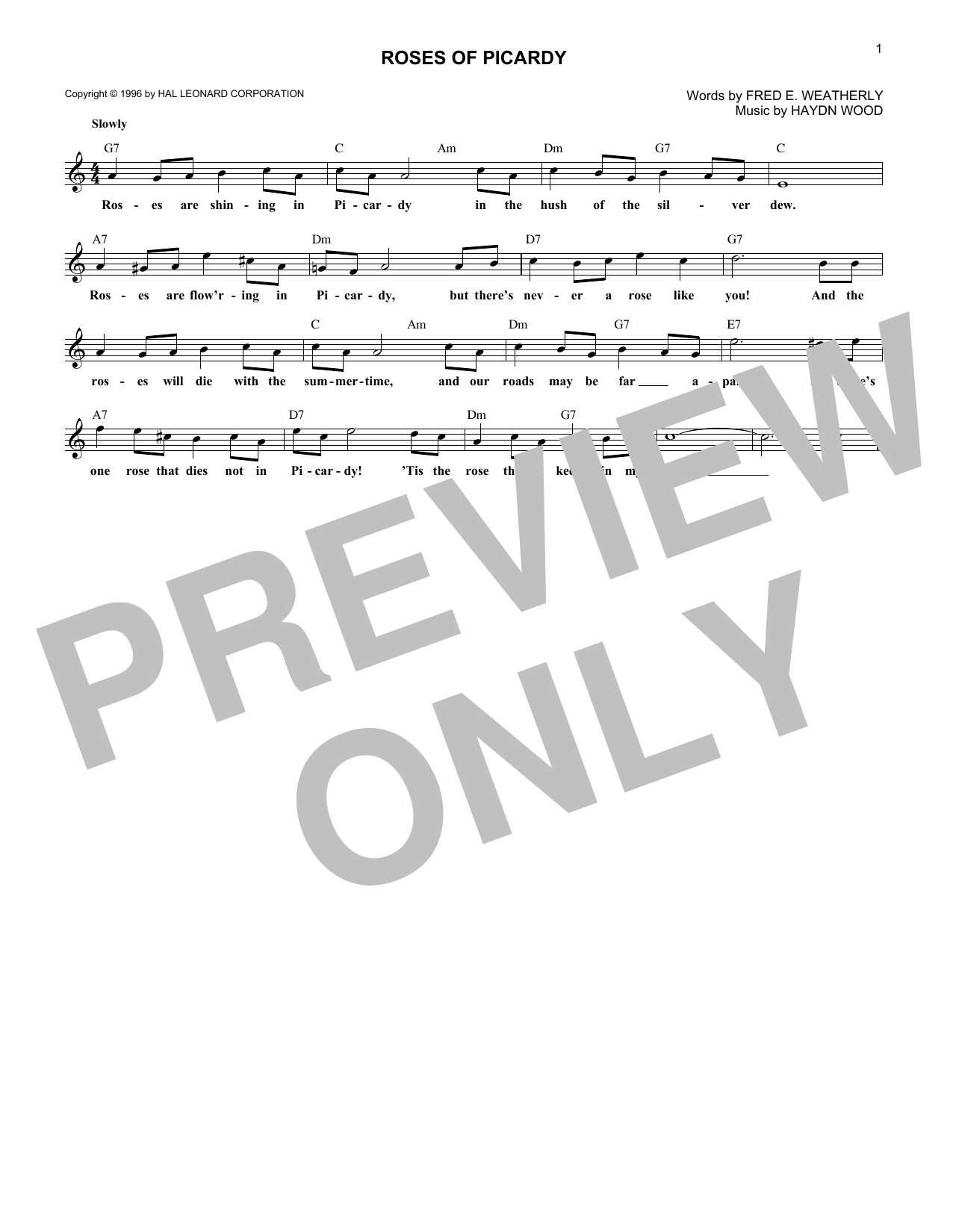 Fred E. Weatherly Roses Of Picardy Sheet Music Notes & Chords for Piano, Vocal & Guitar Chords (Right-Hand Melody) - Download or Print PDF