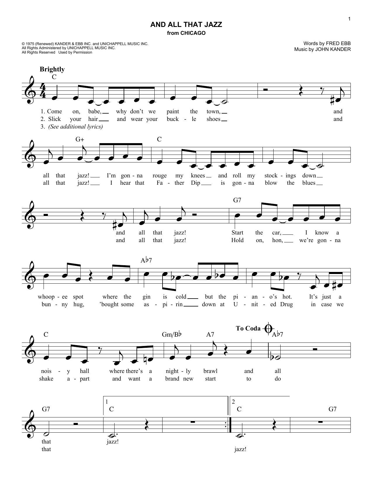 Fred Ebb And All That Jazz Sheet Music Notes & Chords for Melody Line, Lyrics & Chords - Download or Print PDF