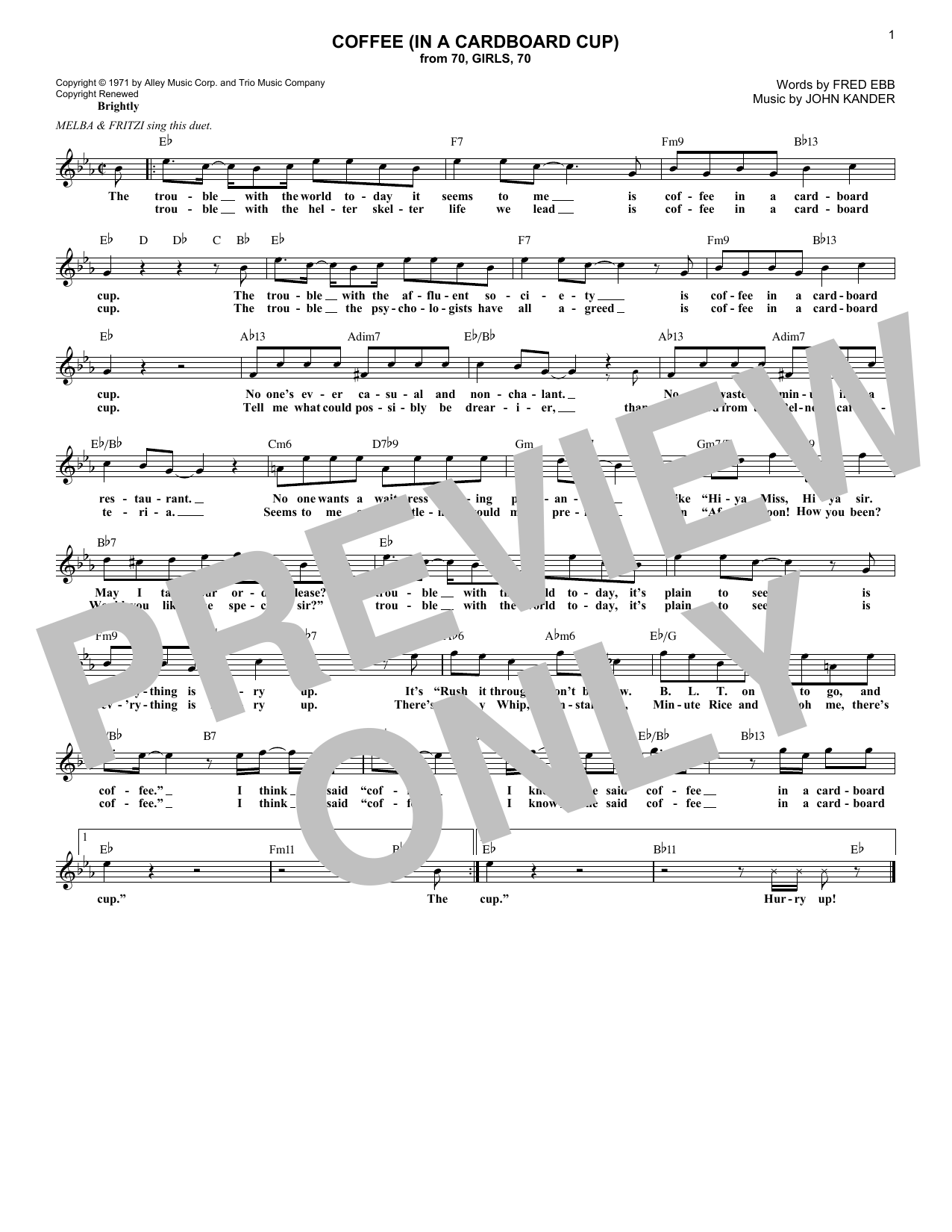 Fred Ebb Coffee (In A Cardboard Cup) Sheet Music Notes & Chords for Melody Line, Lyrics & Chords - Download or Print PDF